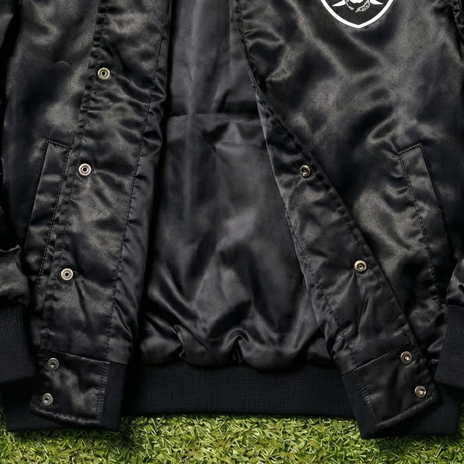 Mens Oakland Raiders Black Satin Bomber Letterman Varsity Baseball Snap Jacket