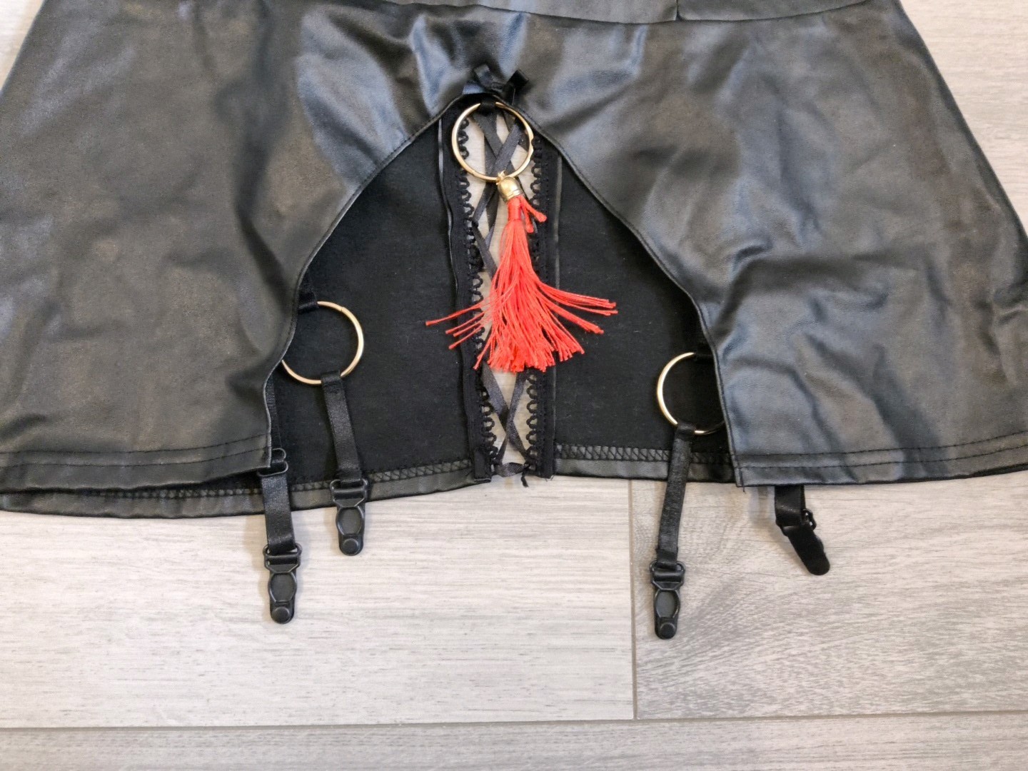 BNWOT Black PVC & Sheer Mesh Tassel Suspender Skirt & Bra Top Set Size 10-14