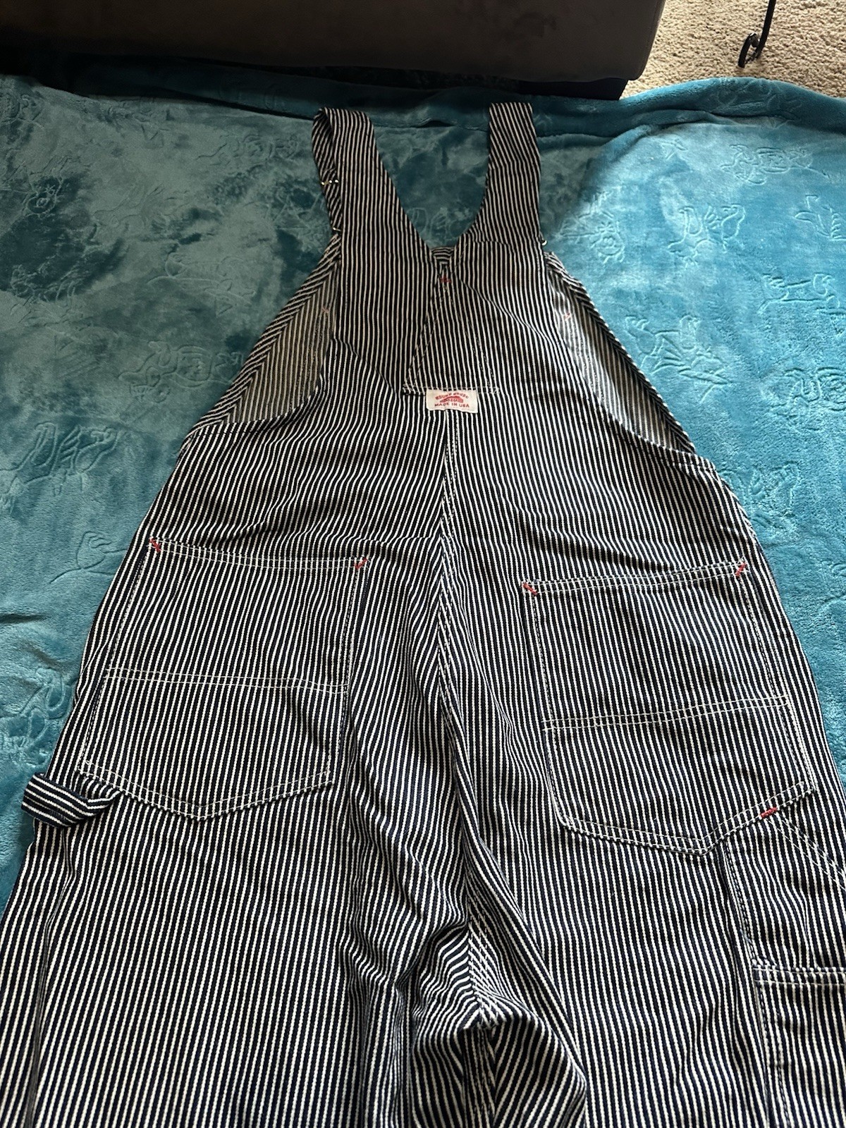 Round House Blue/White Stripe Cotton Denim Bib Overalls 36×34 Made in USA Lot 45