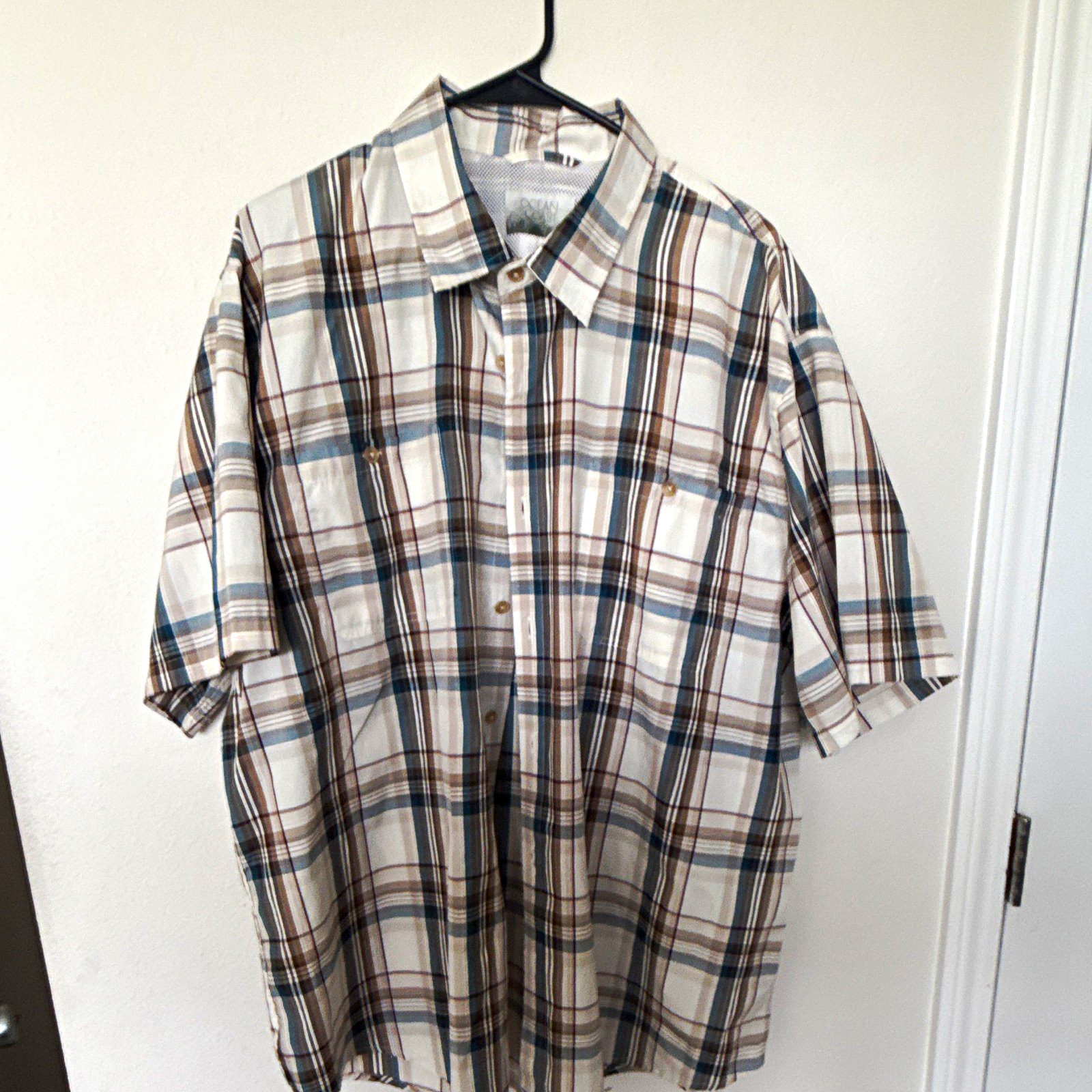Ocean + Coast Men’s 2XL Woven White/Blue/Brown Plaid Short Sleeve Point Collar