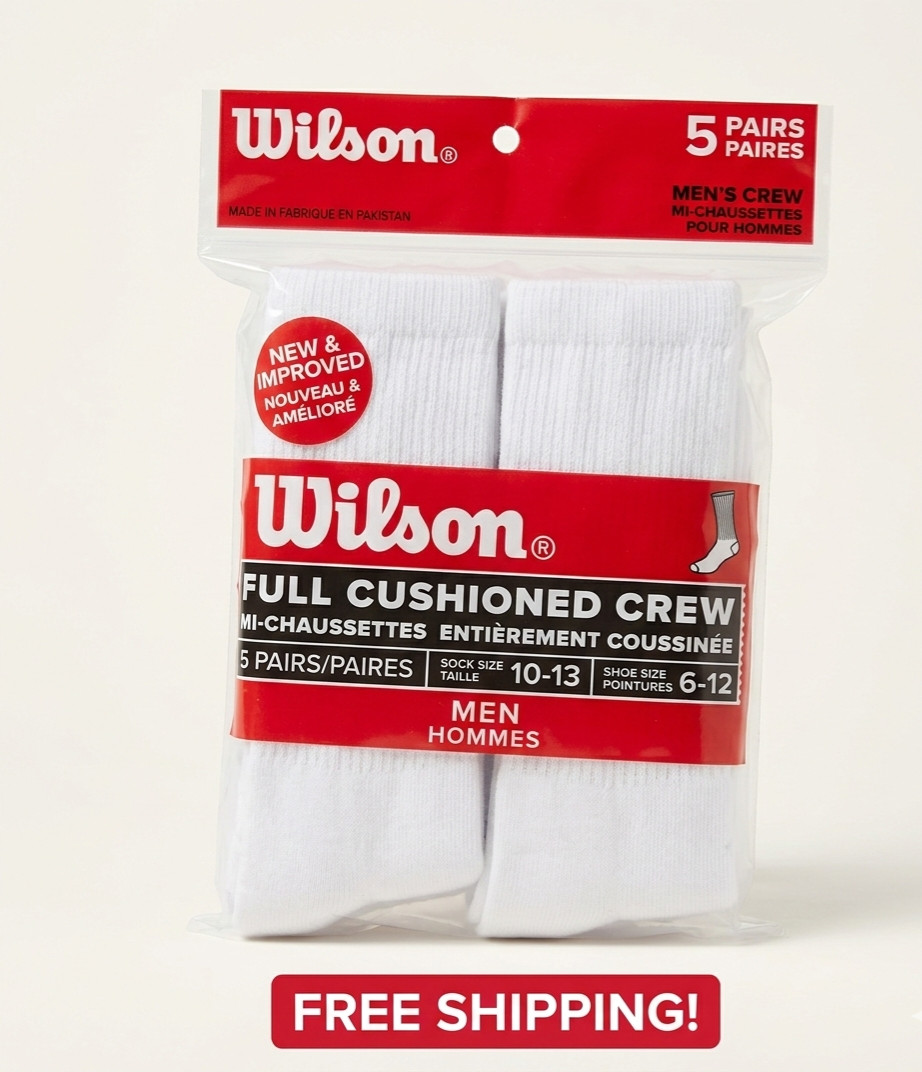 Wilson Men FULL CUSHIONED Crew Socks 5 PAIRS IN COLORS BLACK OR WHITE SIZE 6-12