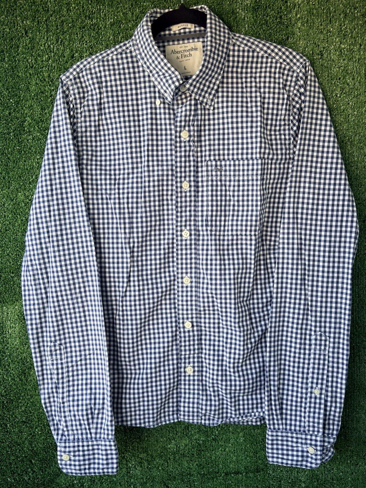 Abercrombie & Fitch Muscle Fit Gingham Shirt Men L Navy White Check Long Sleeve