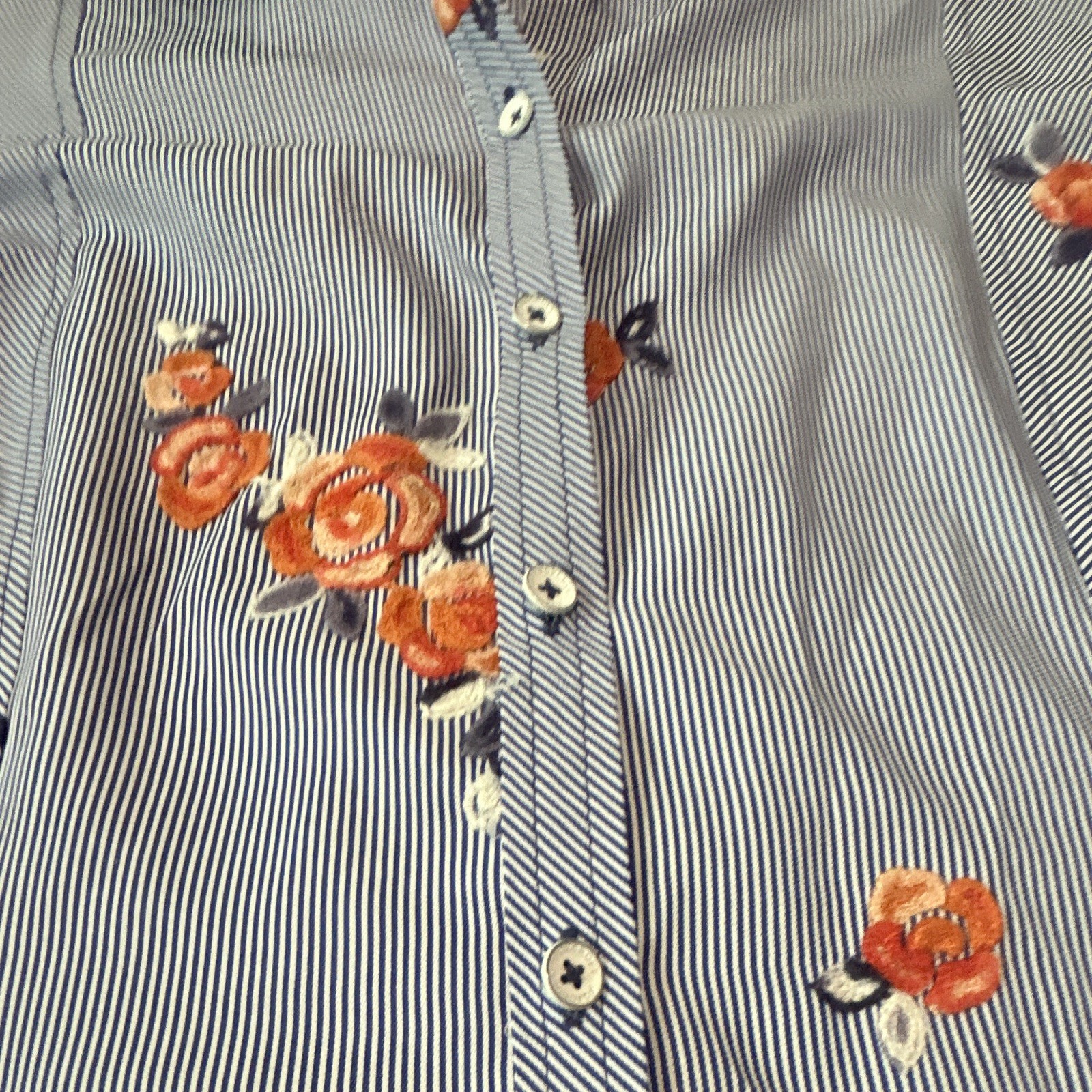 Foxcroft Blue White Striped Floral Embroidered Button-Up Collared Shirt 10