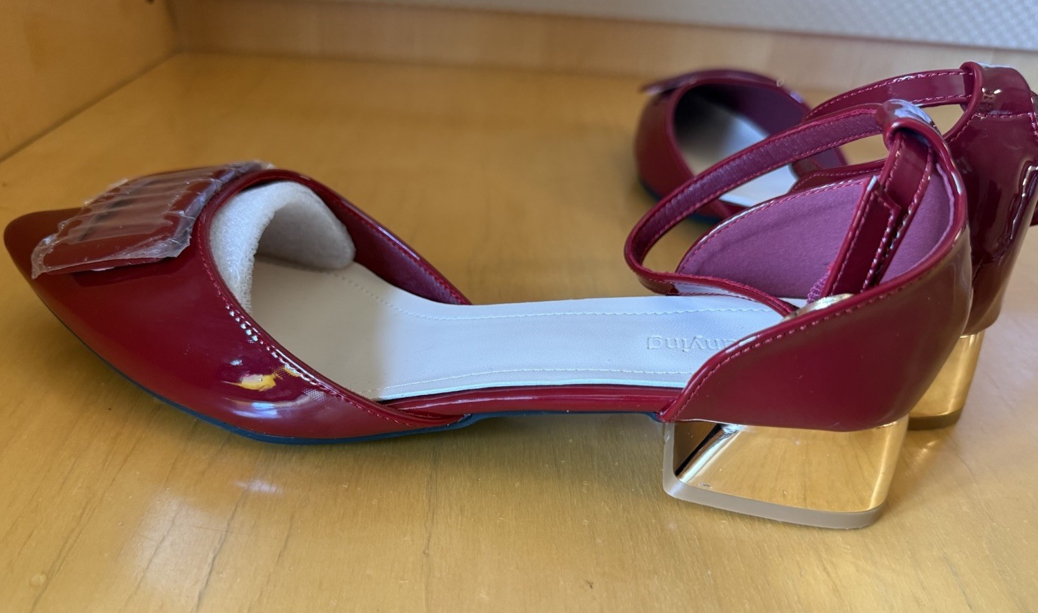 Burgundy Patent Leather Solid Pointed Toe Strappy Buckle Heels US 11