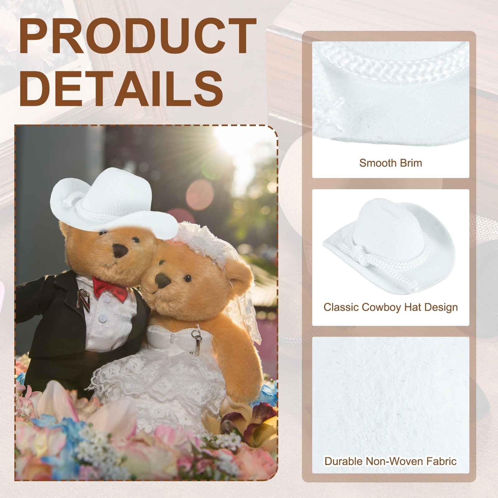 White Mini Cowboy Hats for Crafts Dolls Wedding, 6.5cm x 7.1cm x 3cm