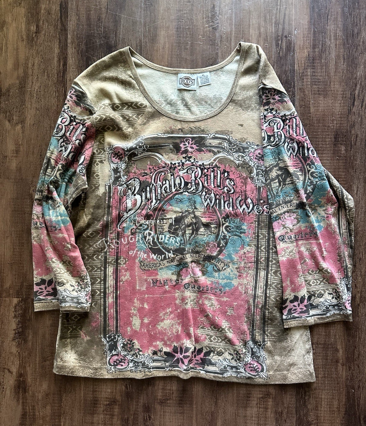 ROD’S Buffalo Bill Western Graphic Scoop Neck 3/4 Sleeve Tee Beige Pink XL