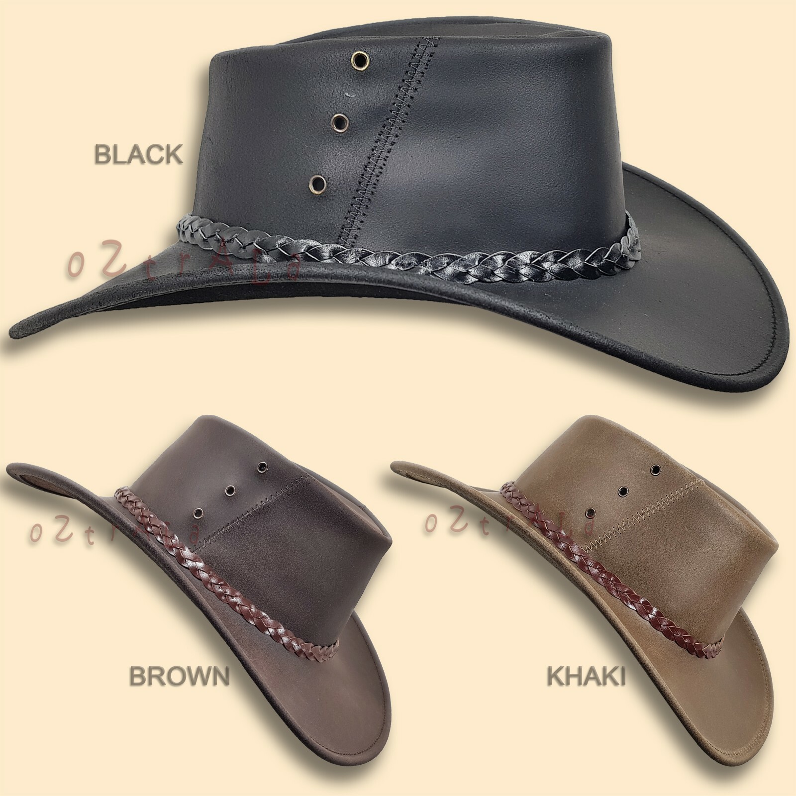 【oZtrALa】 Oiled KANGAROO Leather Hat Cowboy Outback Mens Black Jacaru AUSTRALIAN