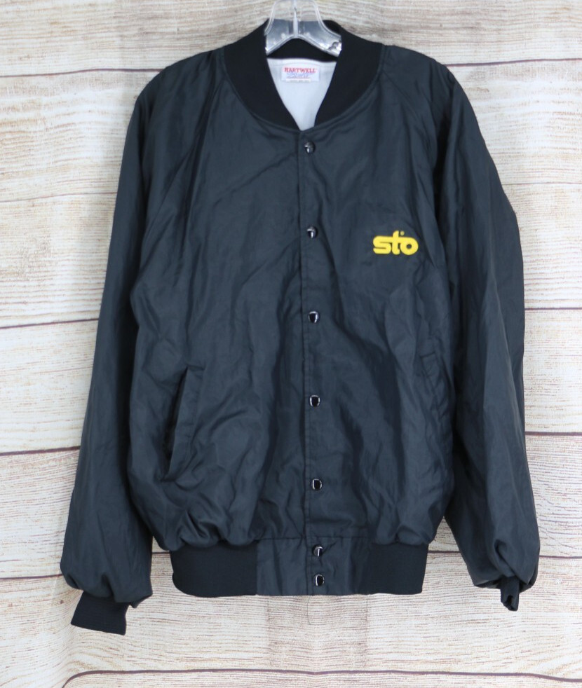 VINTAGE Hartwell Sports Mens Size XL 46-48 Snap Bomber Nylon Shiny Jacket Black