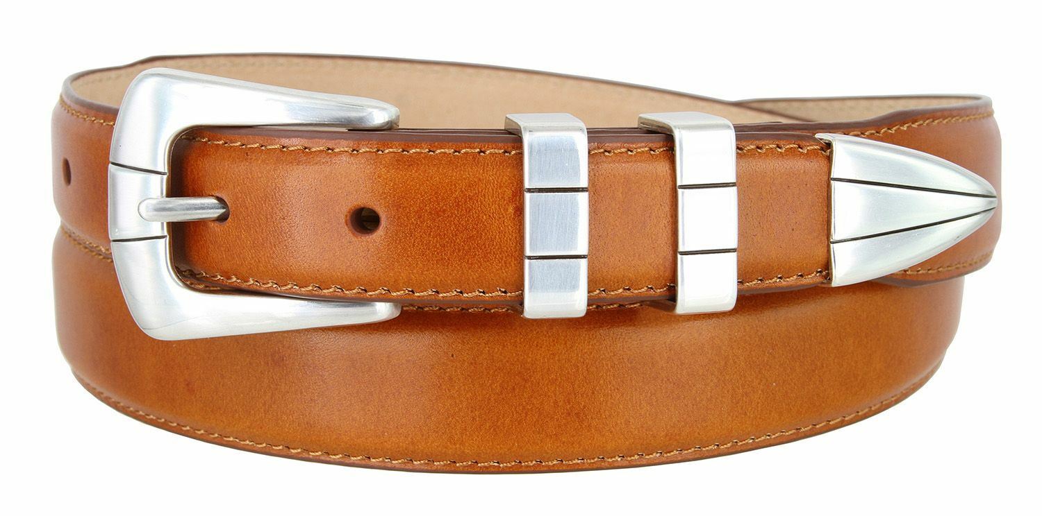 Nicolo Men’s Smooth Saddle Tan Leather Dress Belt with Silver Plated Buckle Set
