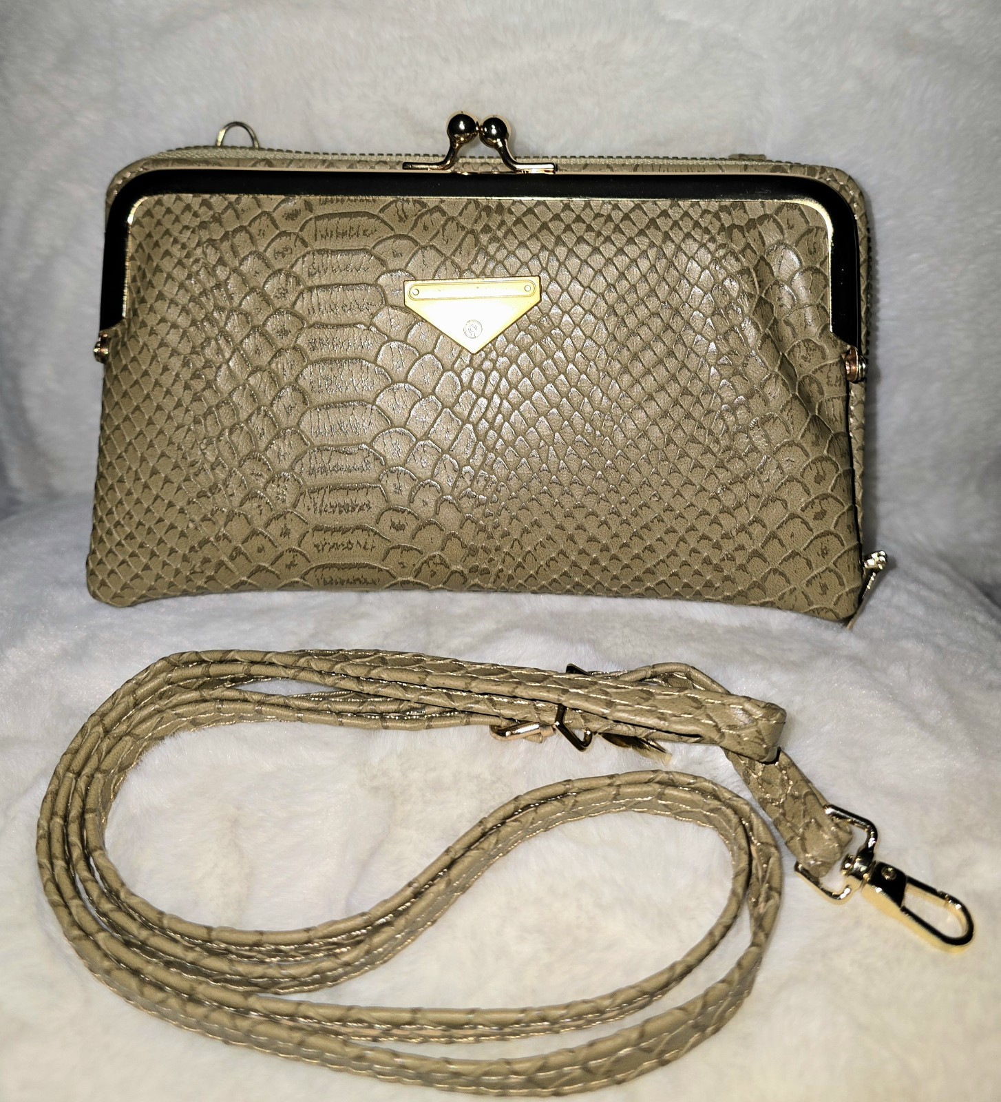 Taupe Faux Snakeskin Crossbody Clutch Purse with Gold Frame & Detachable Strap