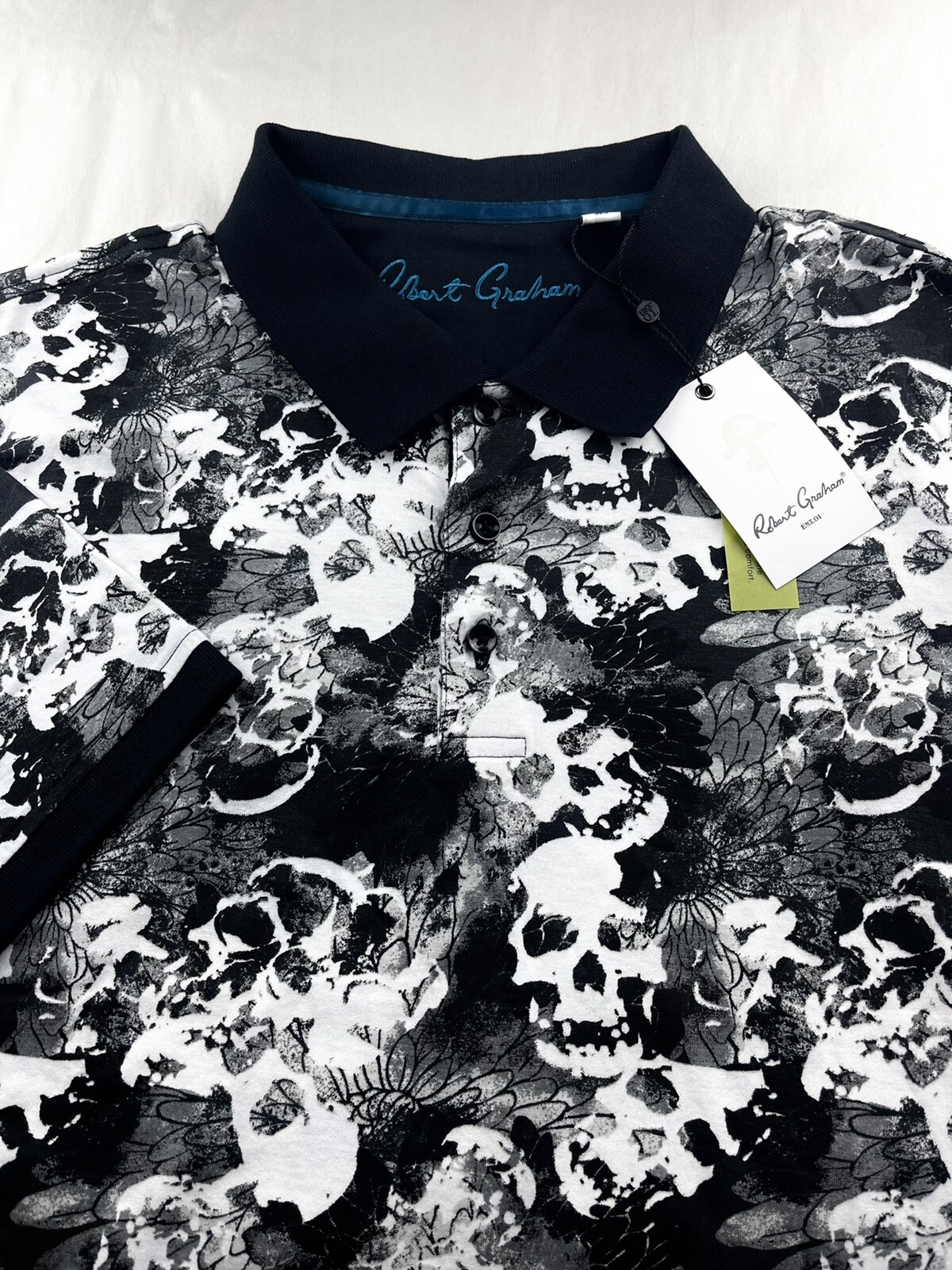 Robert Graham Geometric SKULL HEAD Floral Camouflage Print Polo Shirt Medium