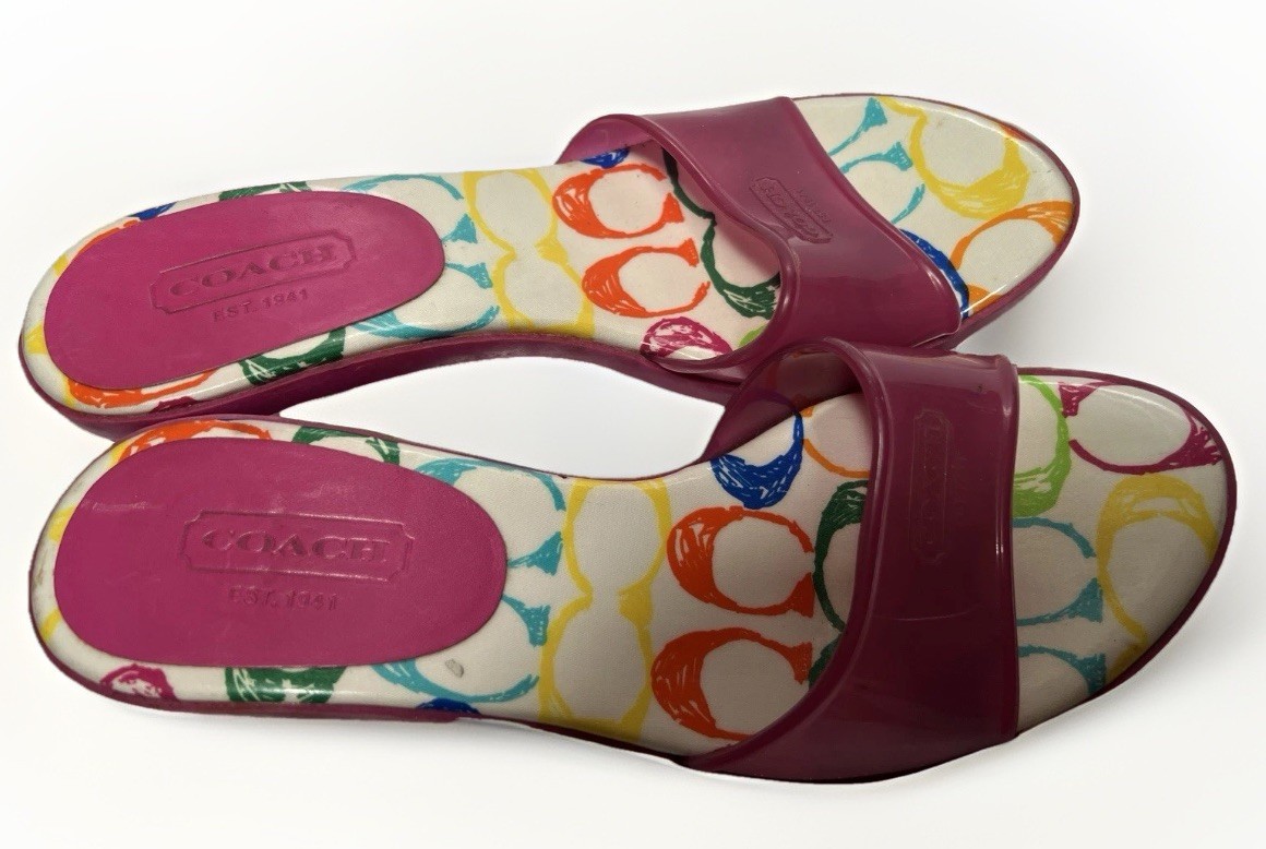 VTG Y2K Coach SCRIBBLE Signature Jelly Pink Kitten Heel Slip On Sandals Size 8