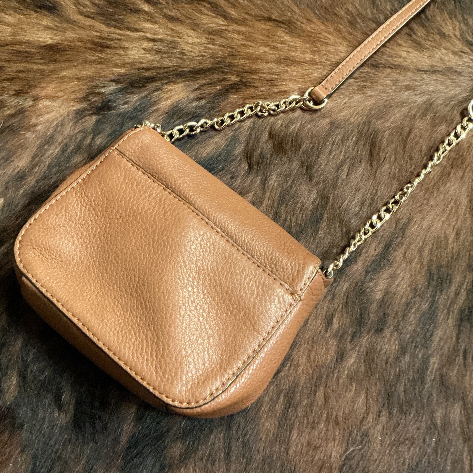 Michael Kors Brown Small Pebbled Crossbody Bag Gold Logo Chain Magnetic Closure