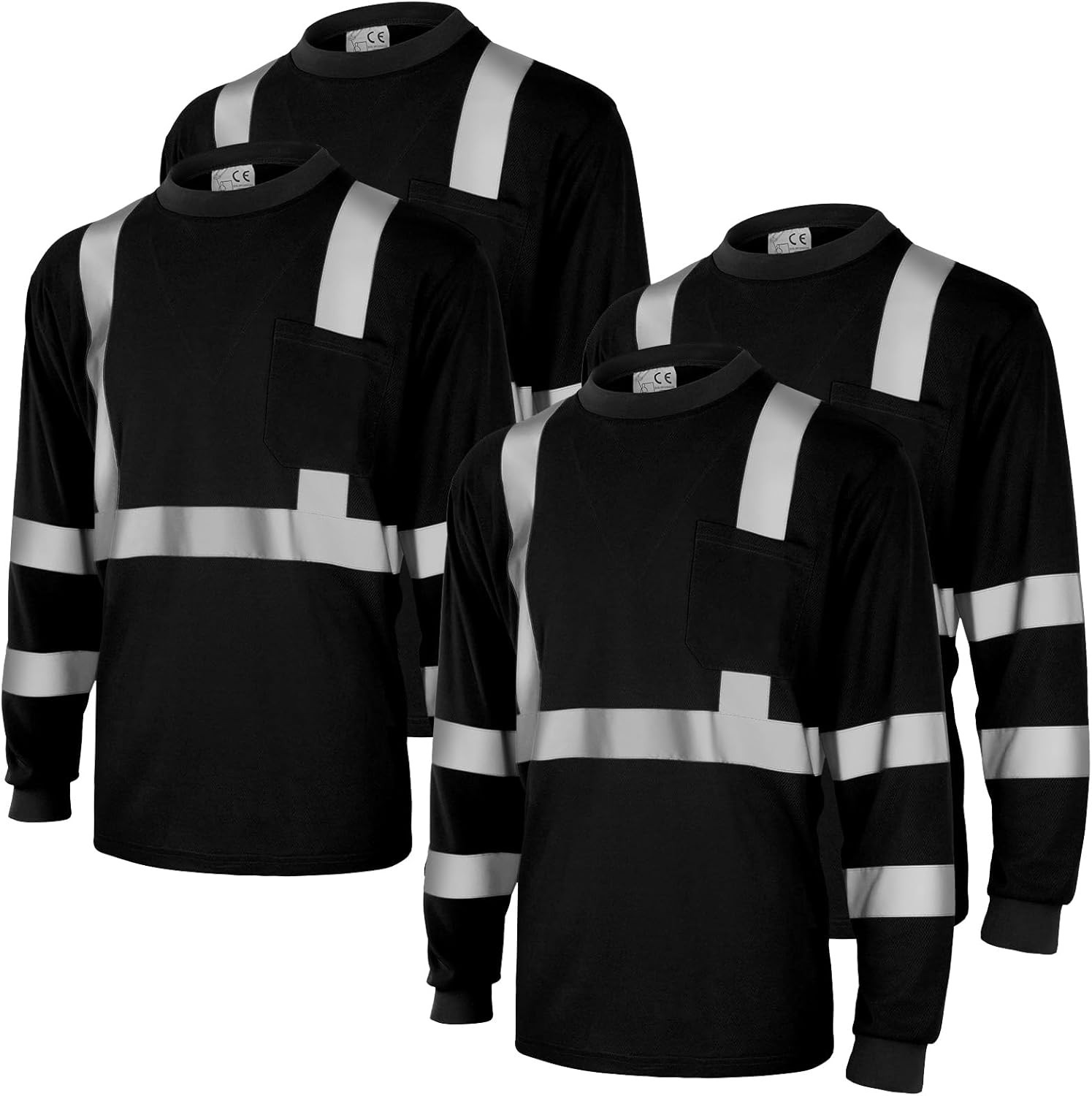 4 pcs Long Sleeve Safety Shirt High-Vis Reflective for Work, Construction Black