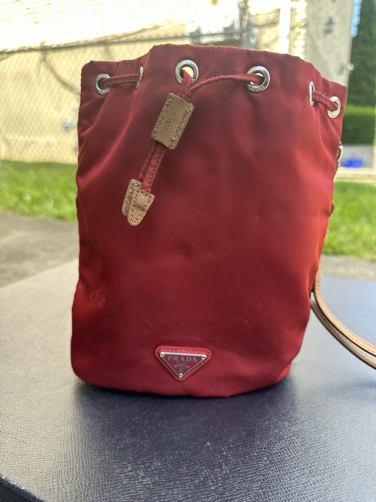 PRADA Red Small Drawstring Bucket Wristlet Bag Silver Hardware Leather Strap