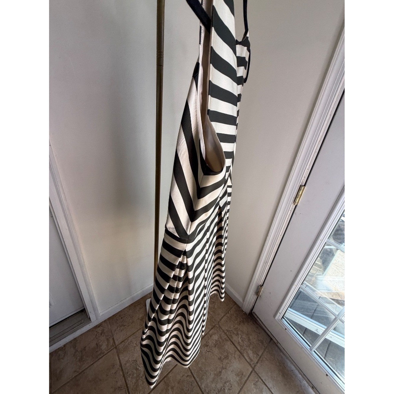 Lord & Taylor Black Ivory Striped Fit Flare Dress Women 14 Full Skirt Midi