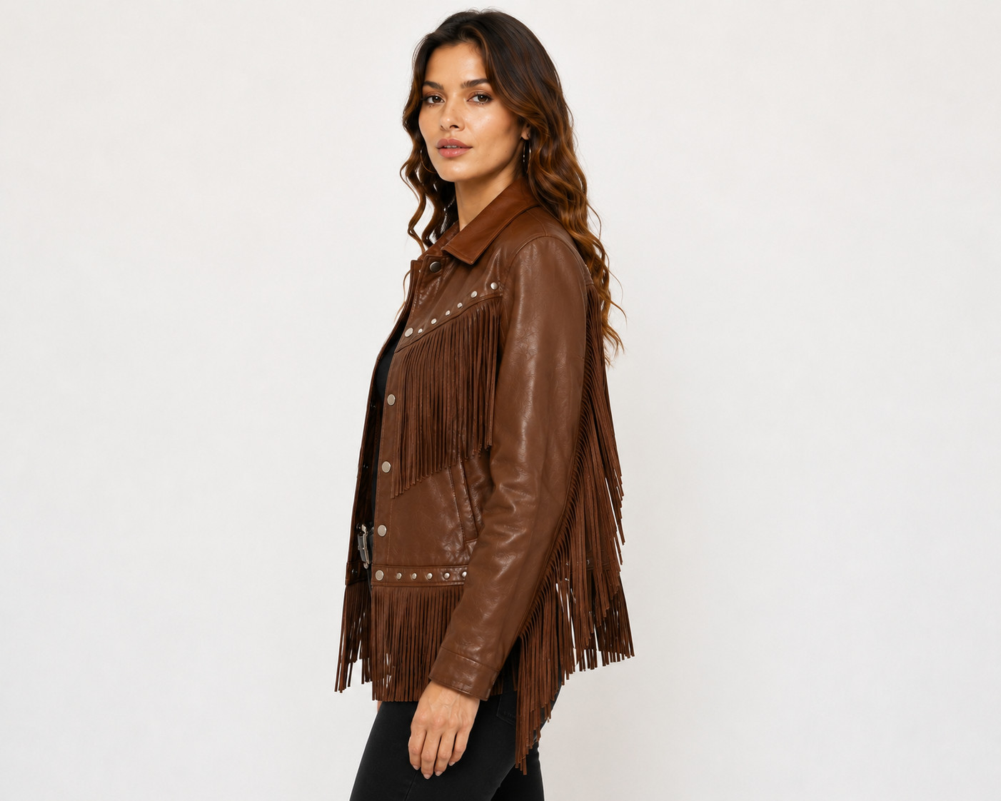 Womens Brown Leather Fringe Jacket – Western Studded Cowgirl Vintage Button Coat