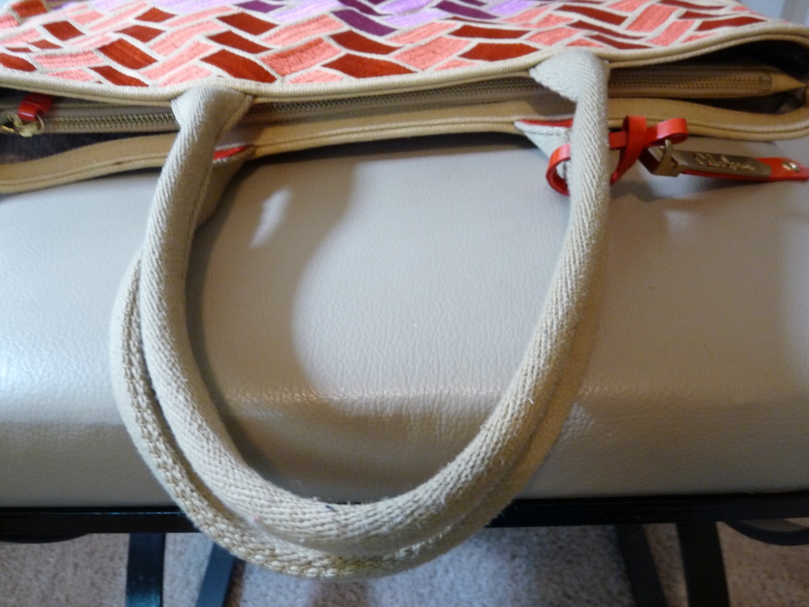 Cole Haan Orange Fuchsia Purple Leather and Fabric Shoulder Tote Bag