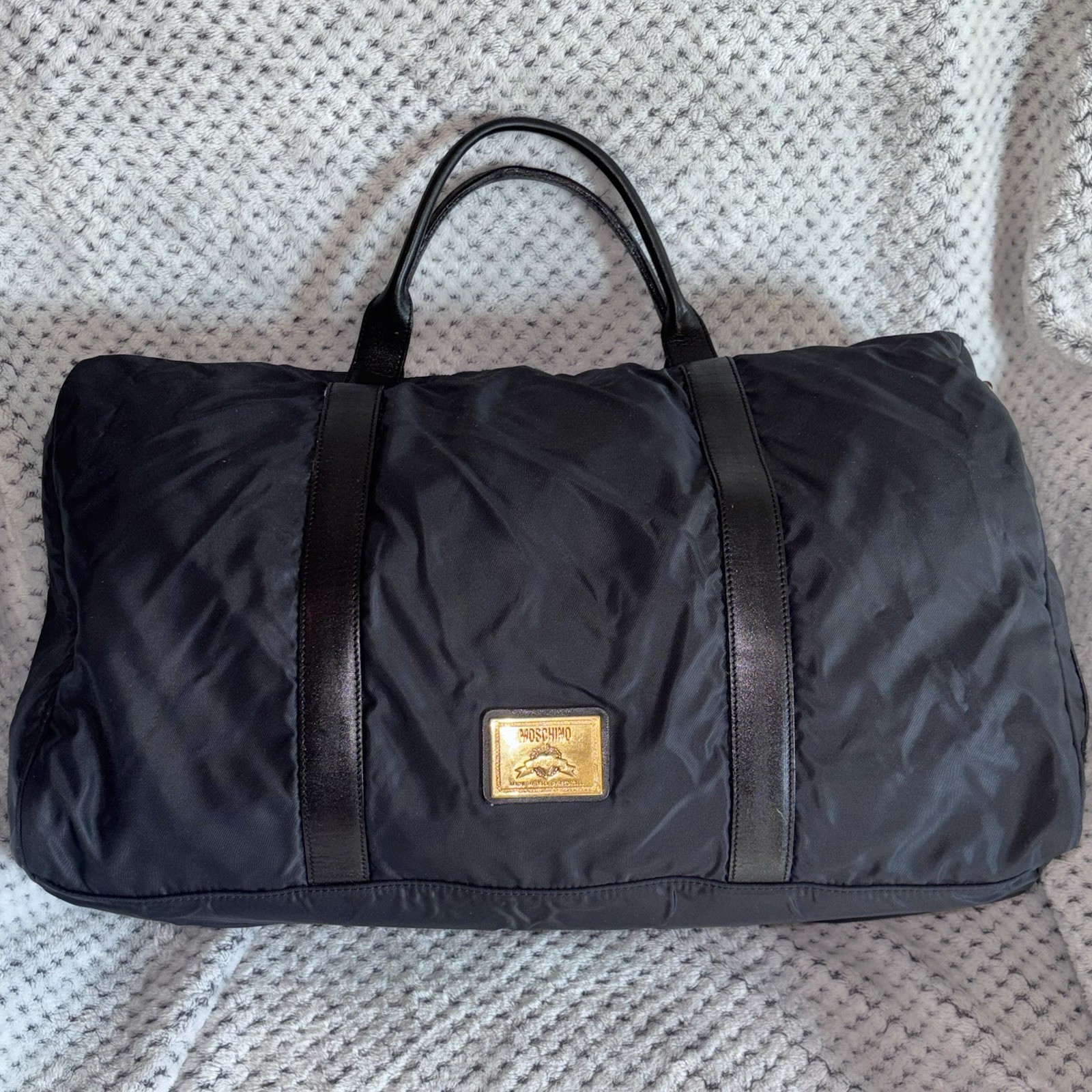 Moschino Redwall Italy Black Nylon Leather Block Leather Duffle Tote Bag “READ”