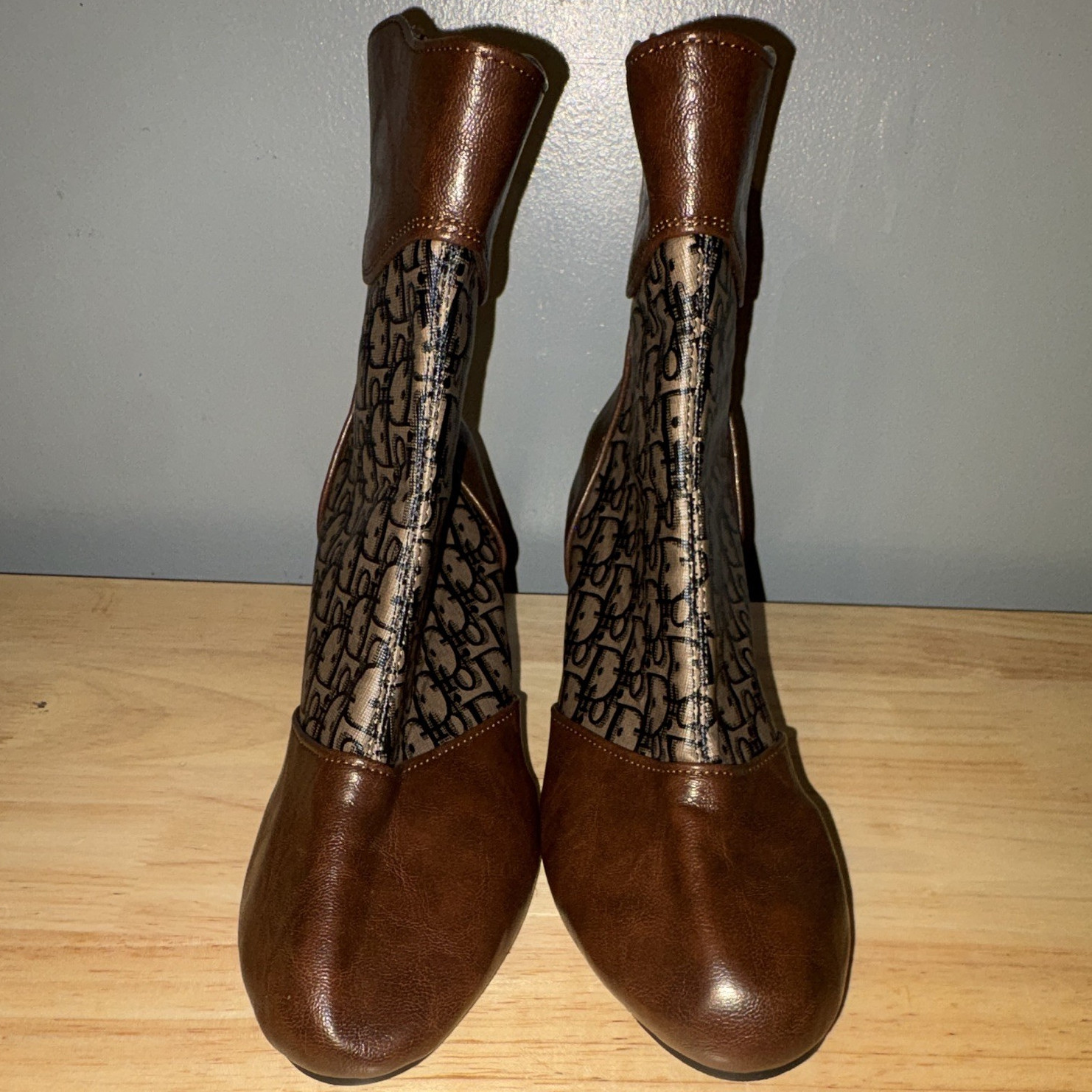 Dior Women’s Brown Leather Monogram Ankle Boots Size 8 Round Toe Zip Cone Heel
