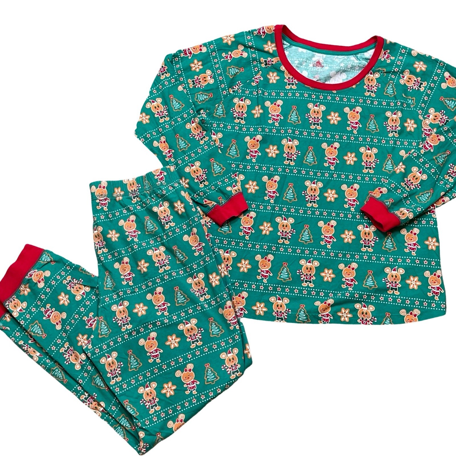 Disney Store Mickey Mouse & Friends Green Holiday Pajamas Set XL Gingerbread