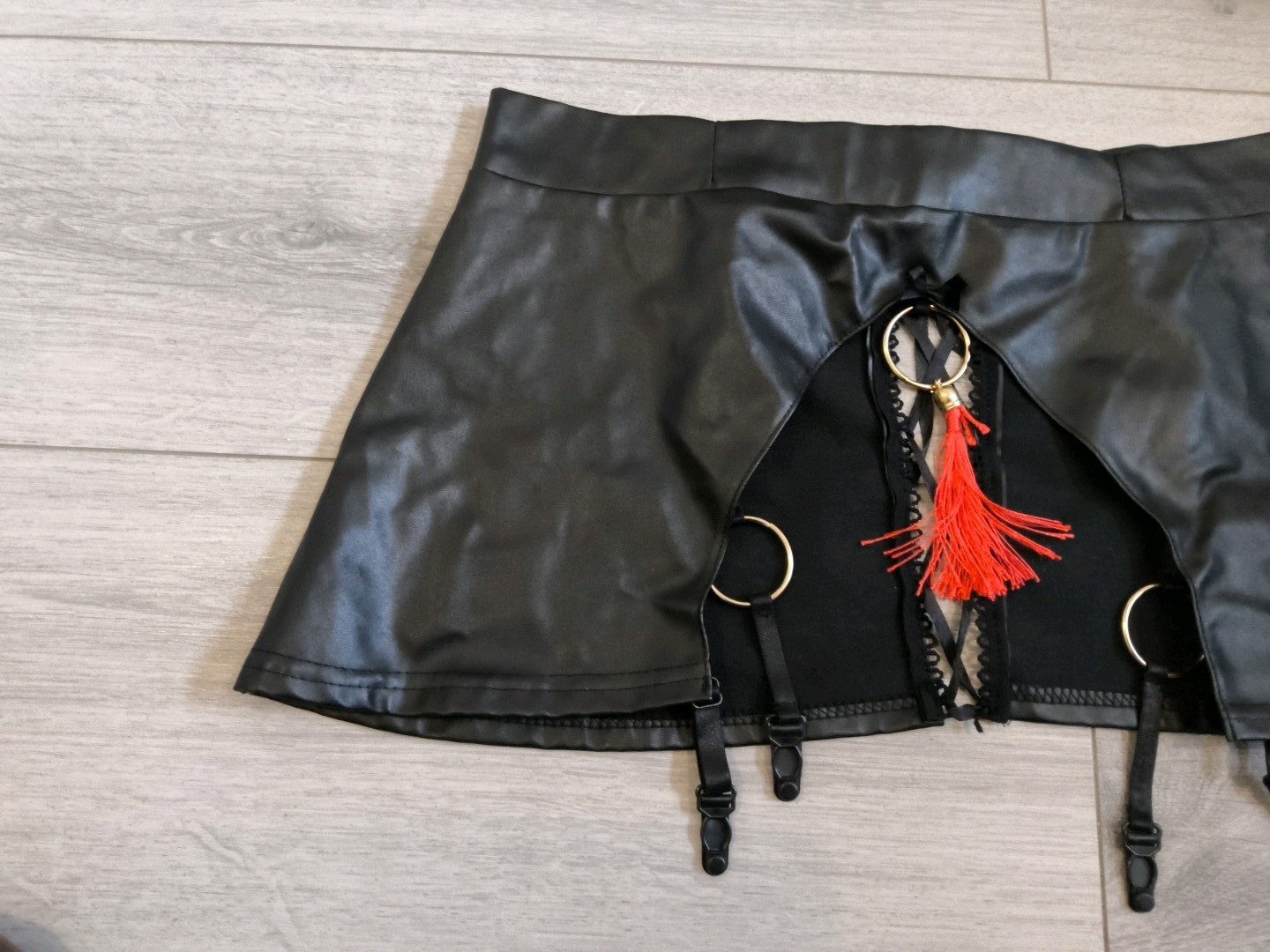 BNWOT Black PVC & Sheer Mesh Tassel Suspender Skirt & Bra Top Set Size 10-14