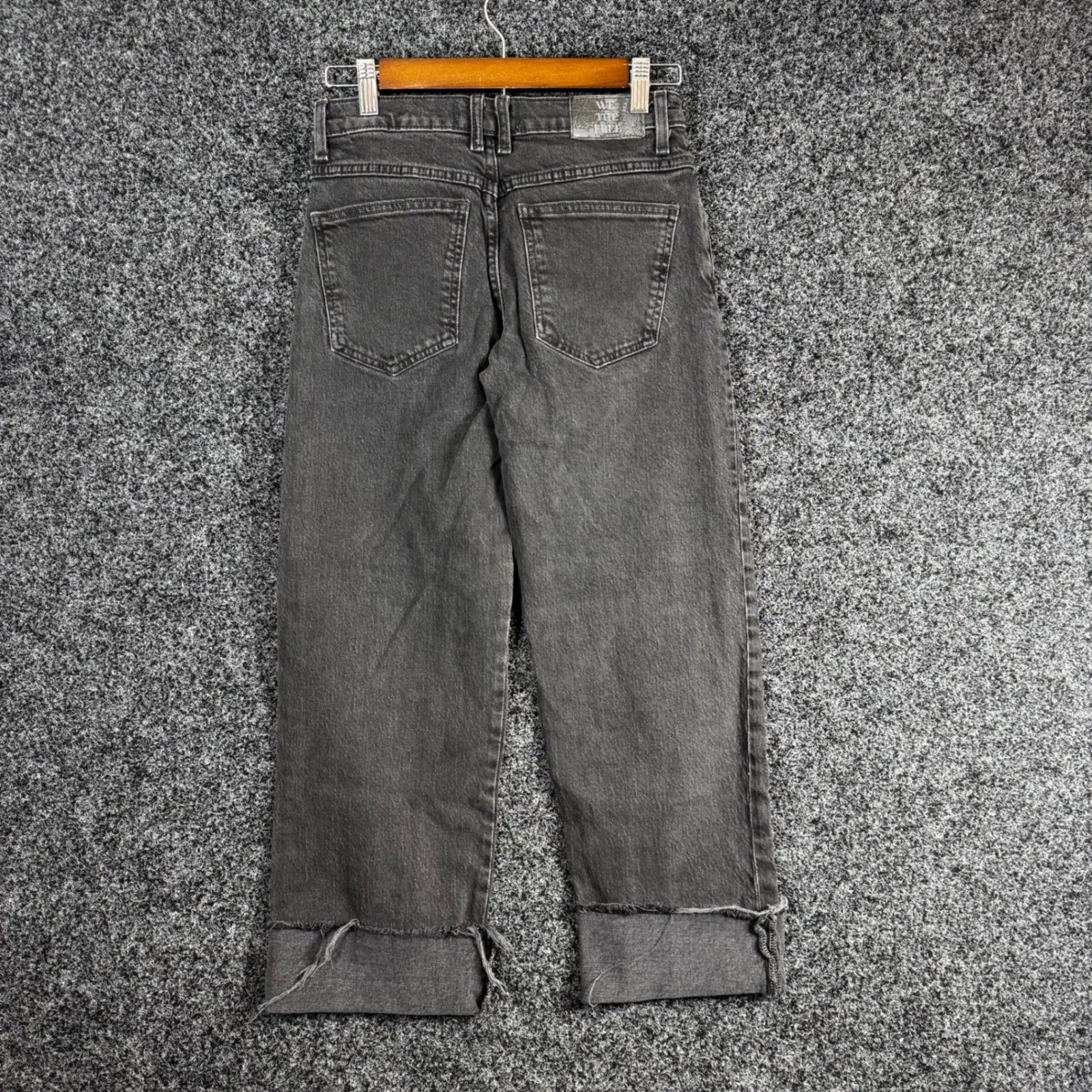 We The Free People Horseshoe Barrel Leg Jeans Black Washed Raw Cuff Size 24