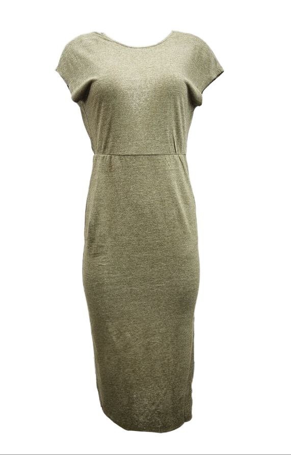 HoodLamb Women’s Olive Knit V-Back Maxi Hemp Dress 420 NWT