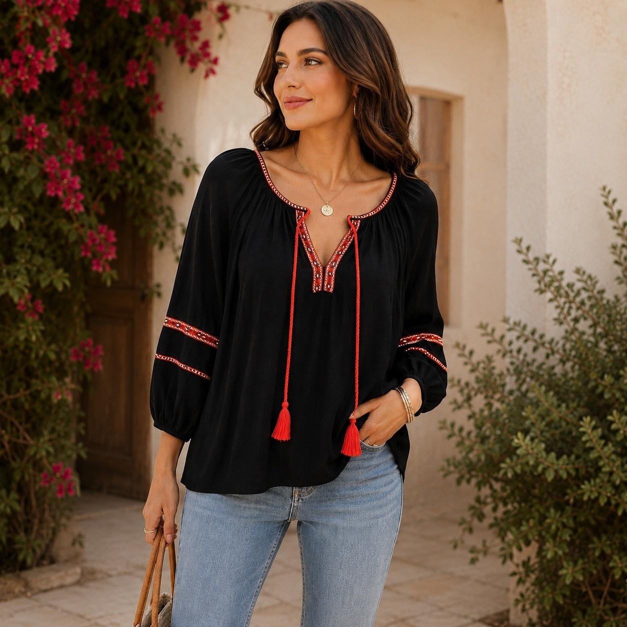 H&M Women Black Embroidered Tassel Peasant Blouse Balloon Sleeve Top Size 8