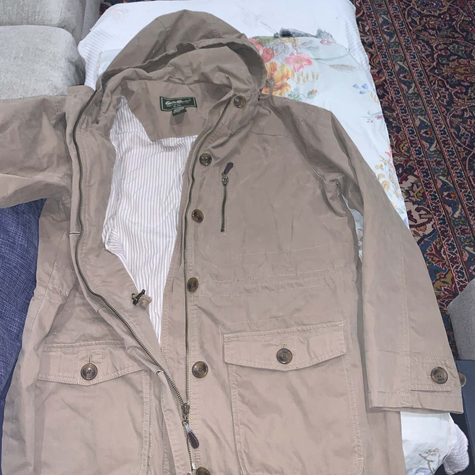 Vtg Eddie Bauer Mens Khaki Field Jacket Utility Pockets Snap Zip Button Large