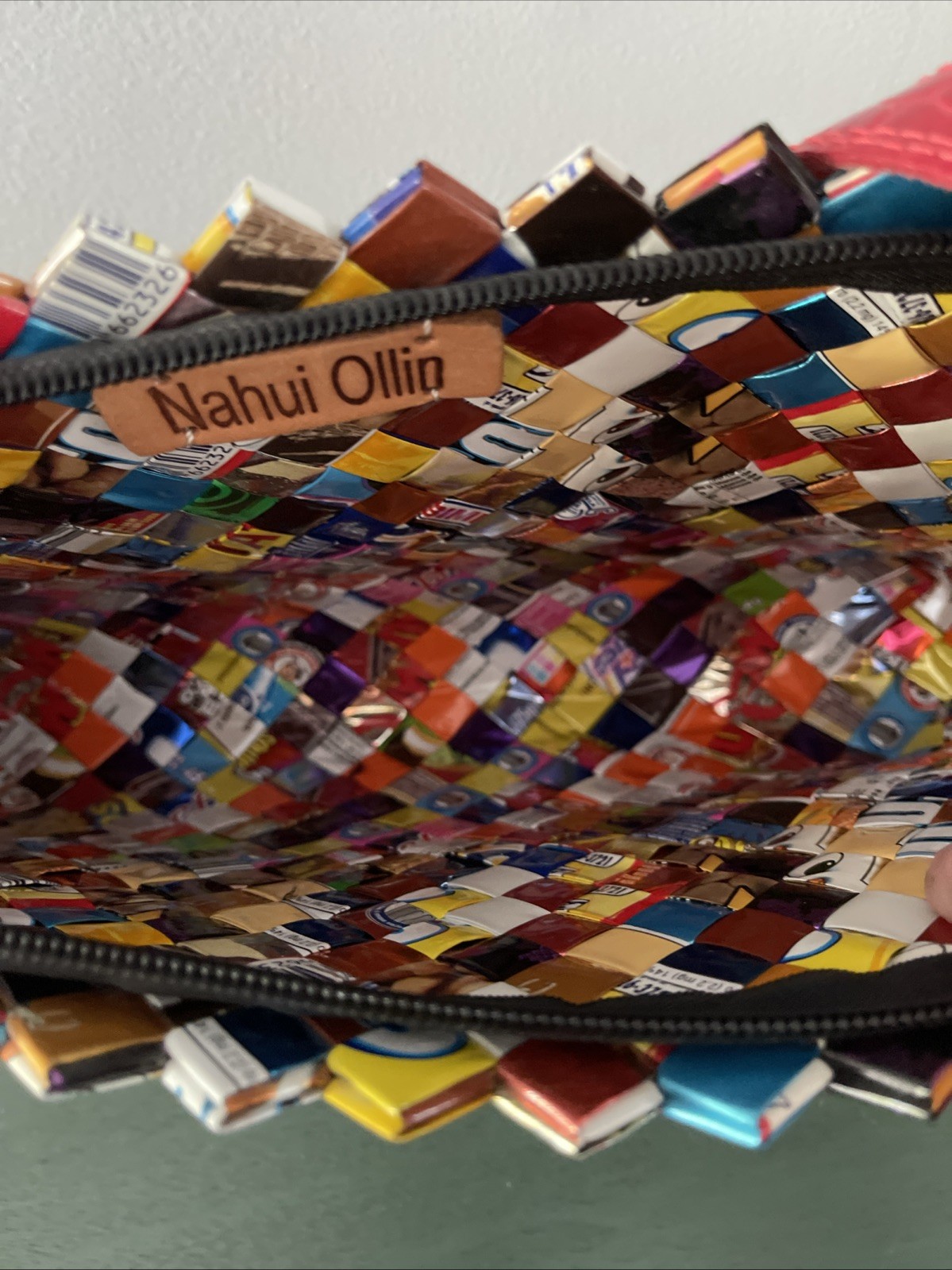 Nahui Ollin Multi Colored Woven Candy Wrapper Purse Bag Tote Zipper 13.5×7.5”