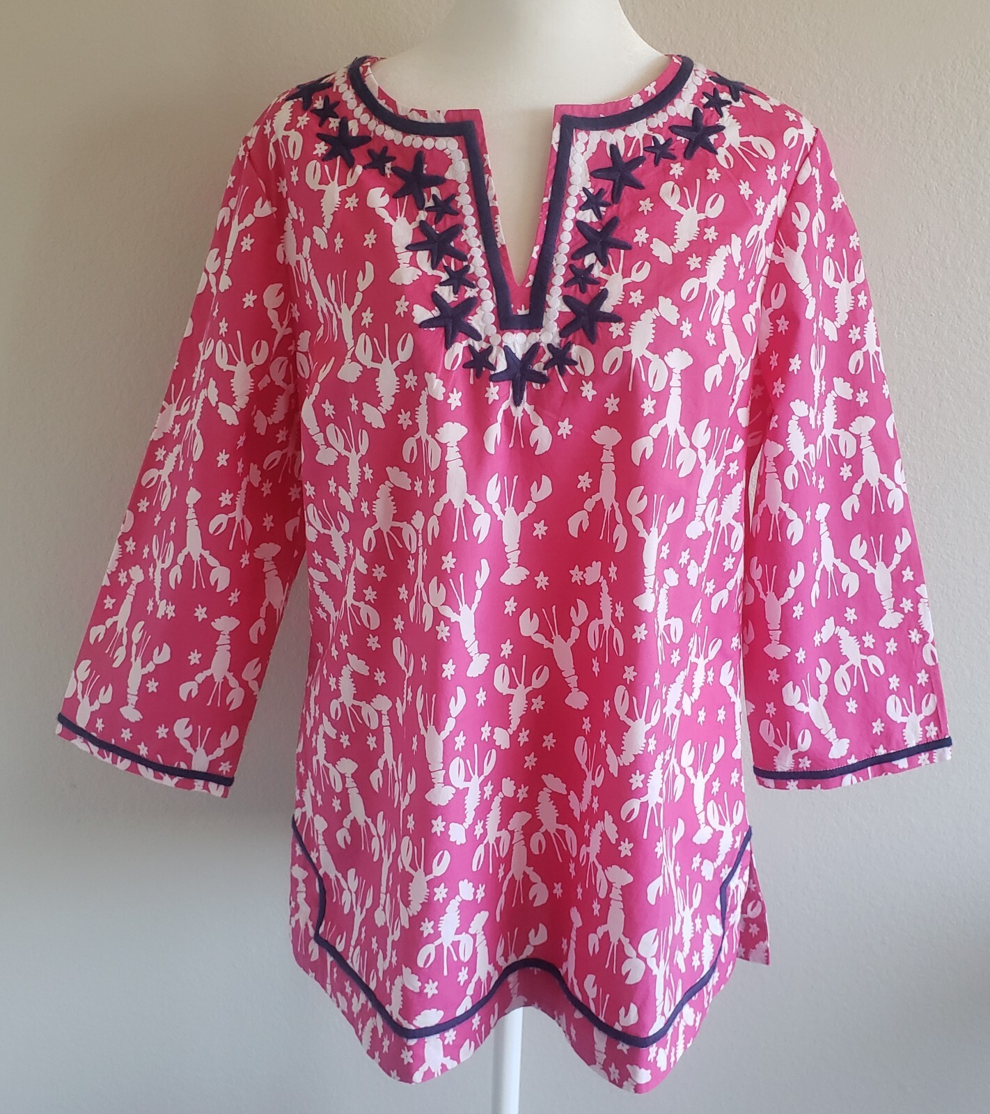 TALBOTS Blouse Top Size M Petite Lobster Starfish Cotton Pullover Coastal Beach