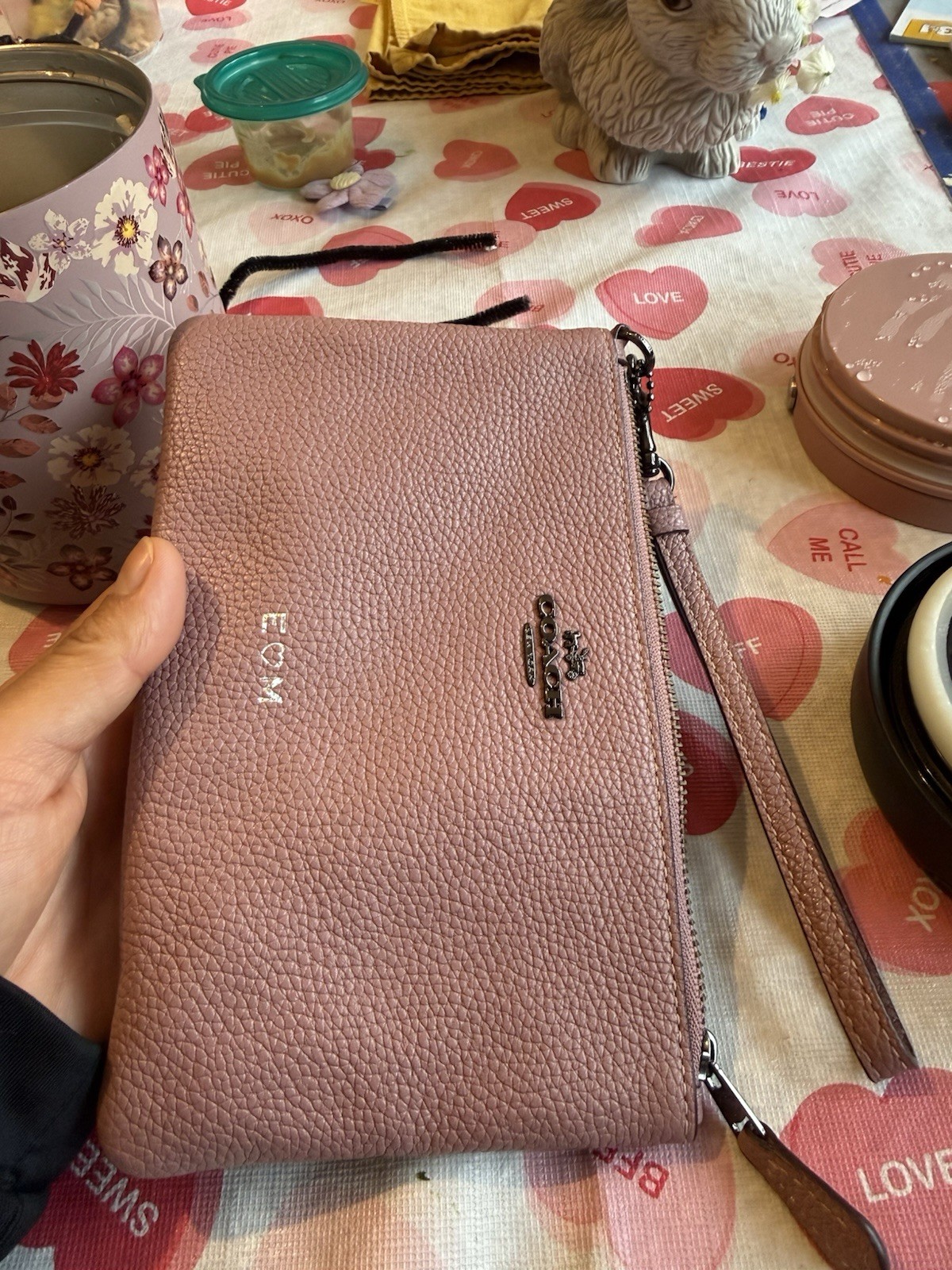 Coach Mauve Pebbled Wristlet with Hot Stamped Custom Initials, Logo, Zip Closure
