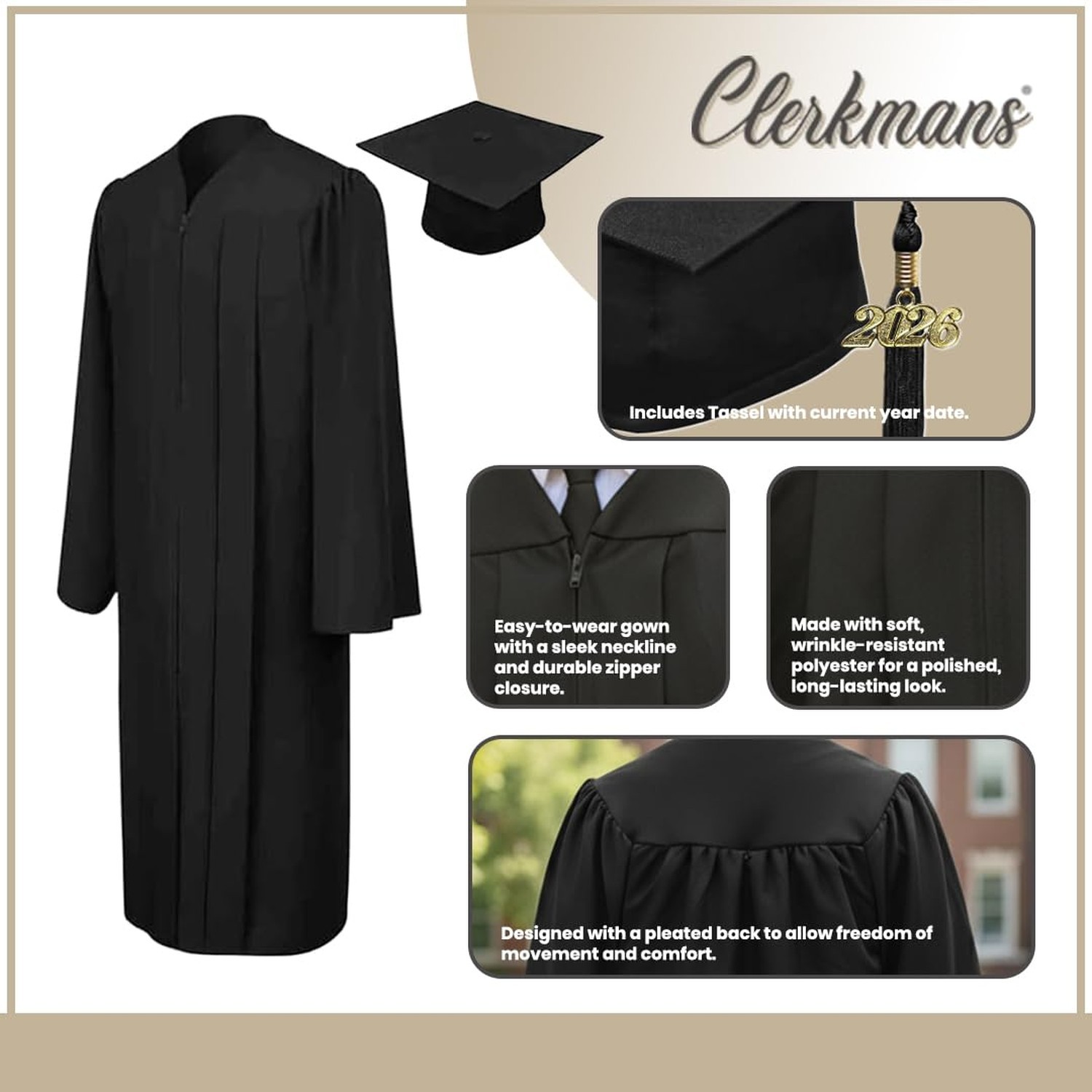 CLERKMANS Unisex Matte Graduation Cap Gown Tassel Package, High School and Un…