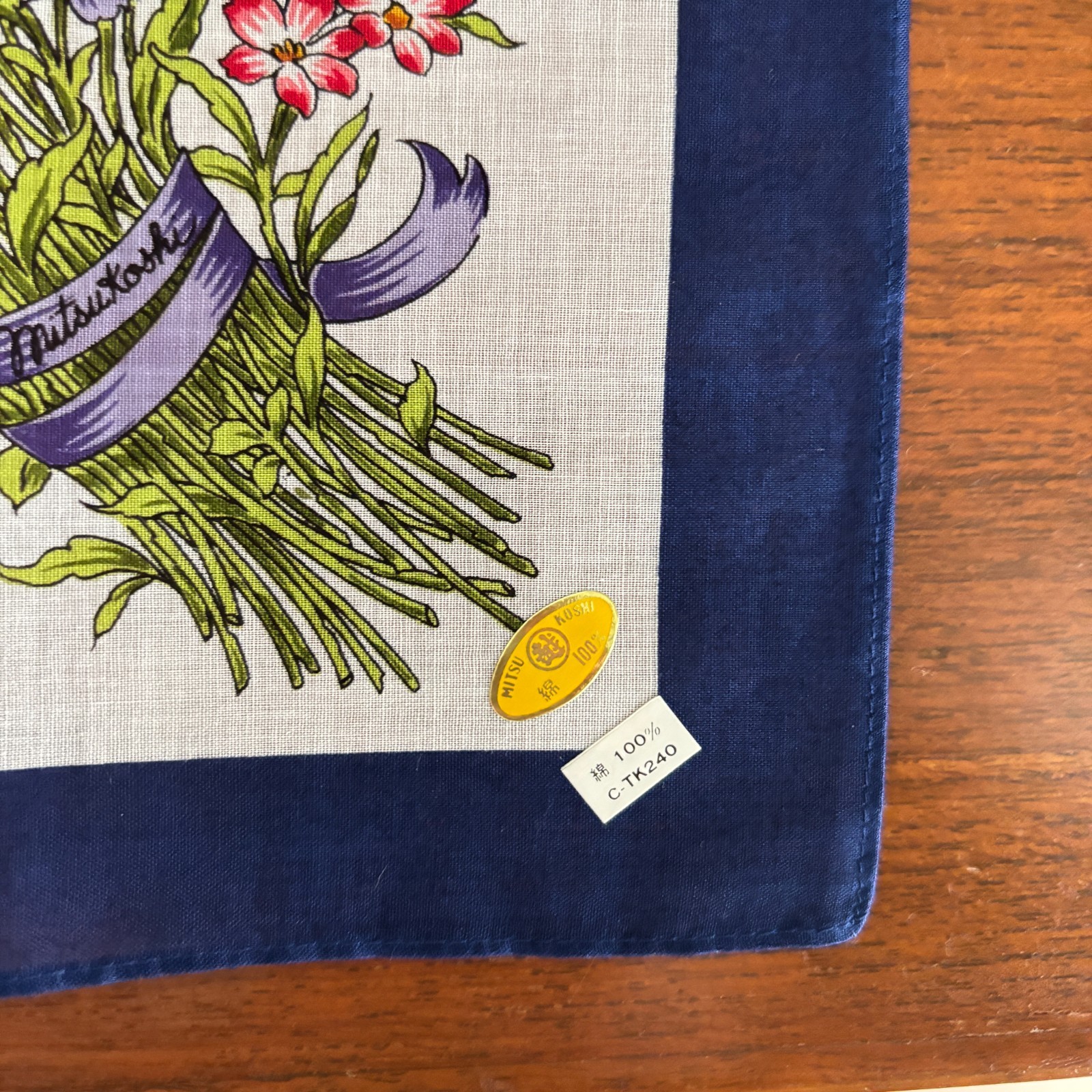 RARE Vintage Mitsukoshi Scarf Handkerchief 2pc Set Floral Pink Navy Cotton Japan