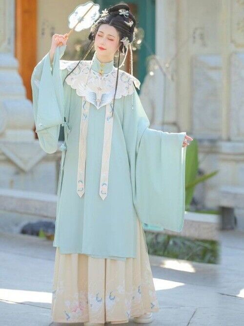 Chinese Style Ming Dynasty Cloud Shoulder Stand Collar Long Shirt Pleated Dress