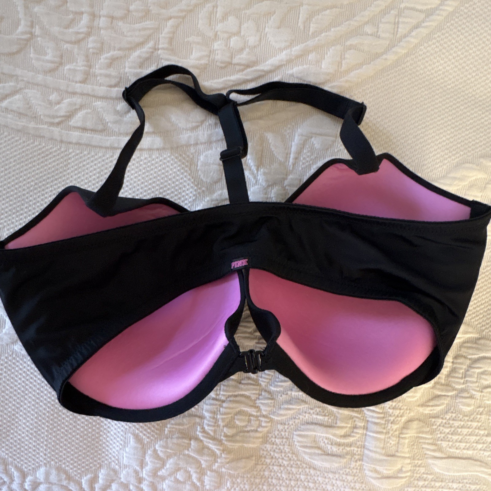 PINK Victoria’s Secret Push Up Bra Black/Pink Racerback Padded 36DD