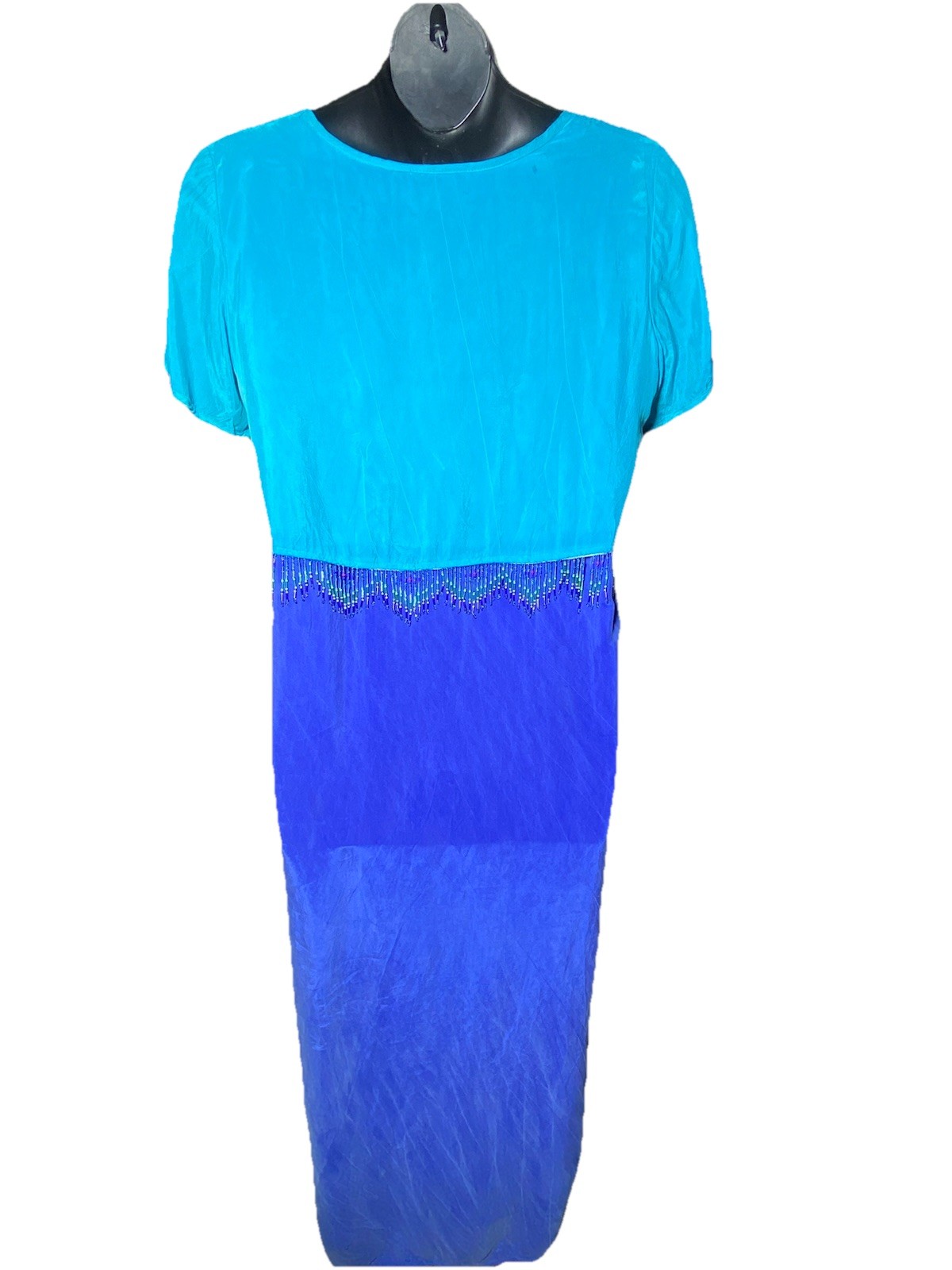 Earth Song Teal Blue Size 14 Beaded Waist Trim Maxi Dress 90s 80s 100% Bemberg