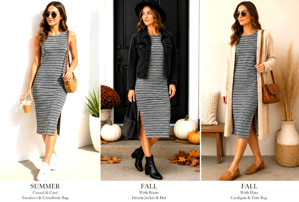 Dip Gray Black Striped Bodycon Sweater Knit Dress L Sleeveless Stretch Knee Midi