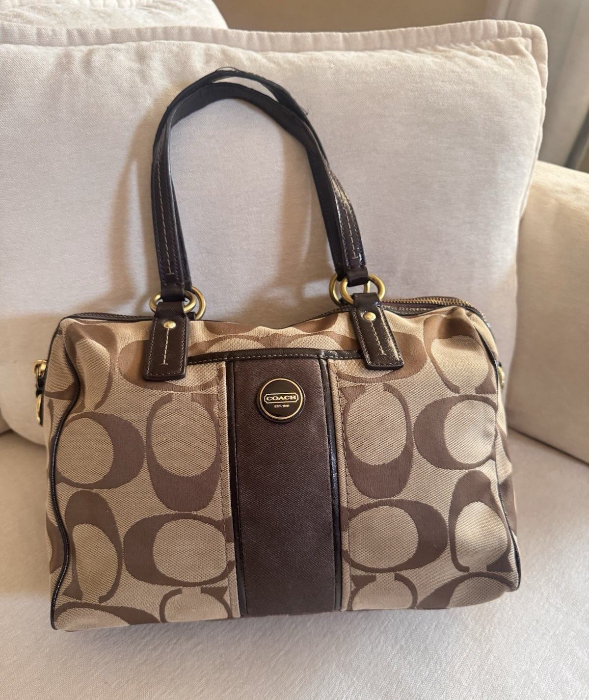 Coach Signature Monogram Satchel Zip Top Double Handles Detachable Strap