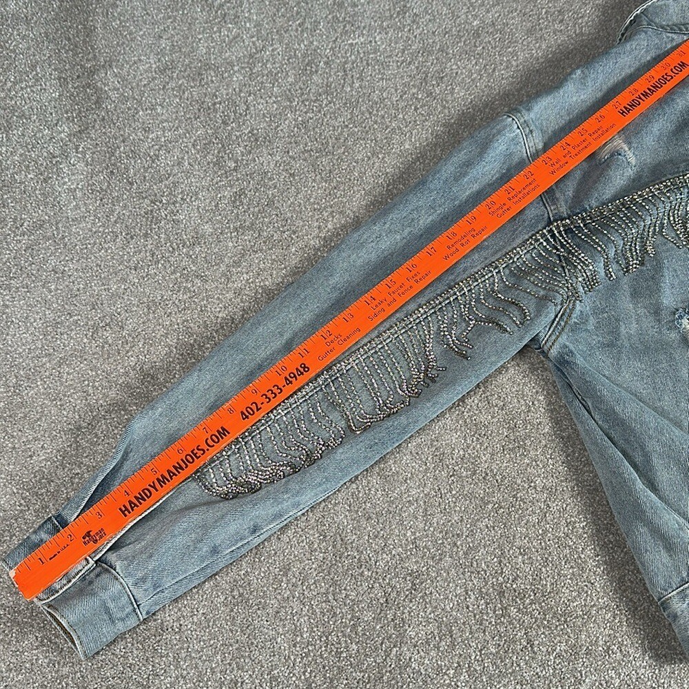 Distressed, rhinestone, fringe, jean jacket, grunge, punk band rock