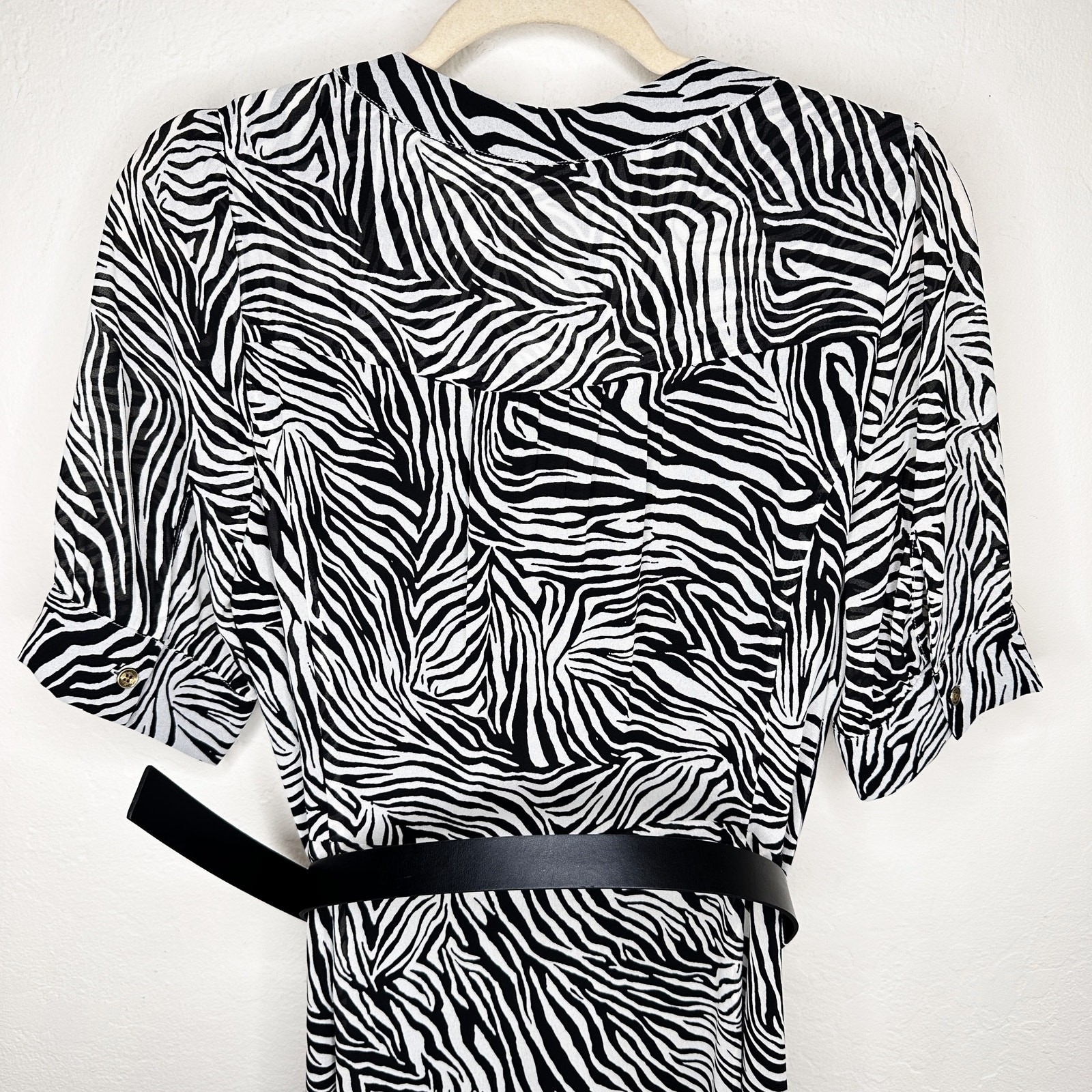 NWT Michael Kors Zebra Print Georgette Belted Puff Sleeve Midi Shirt Dress Med