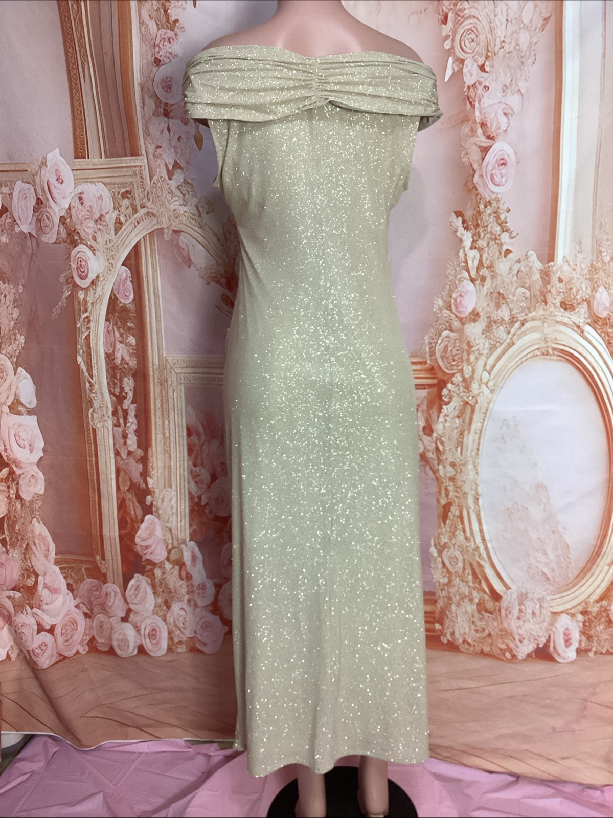 Candalite Champagne Sparkly Metallic Off Shoulder Cruise Prom Formal Gown L