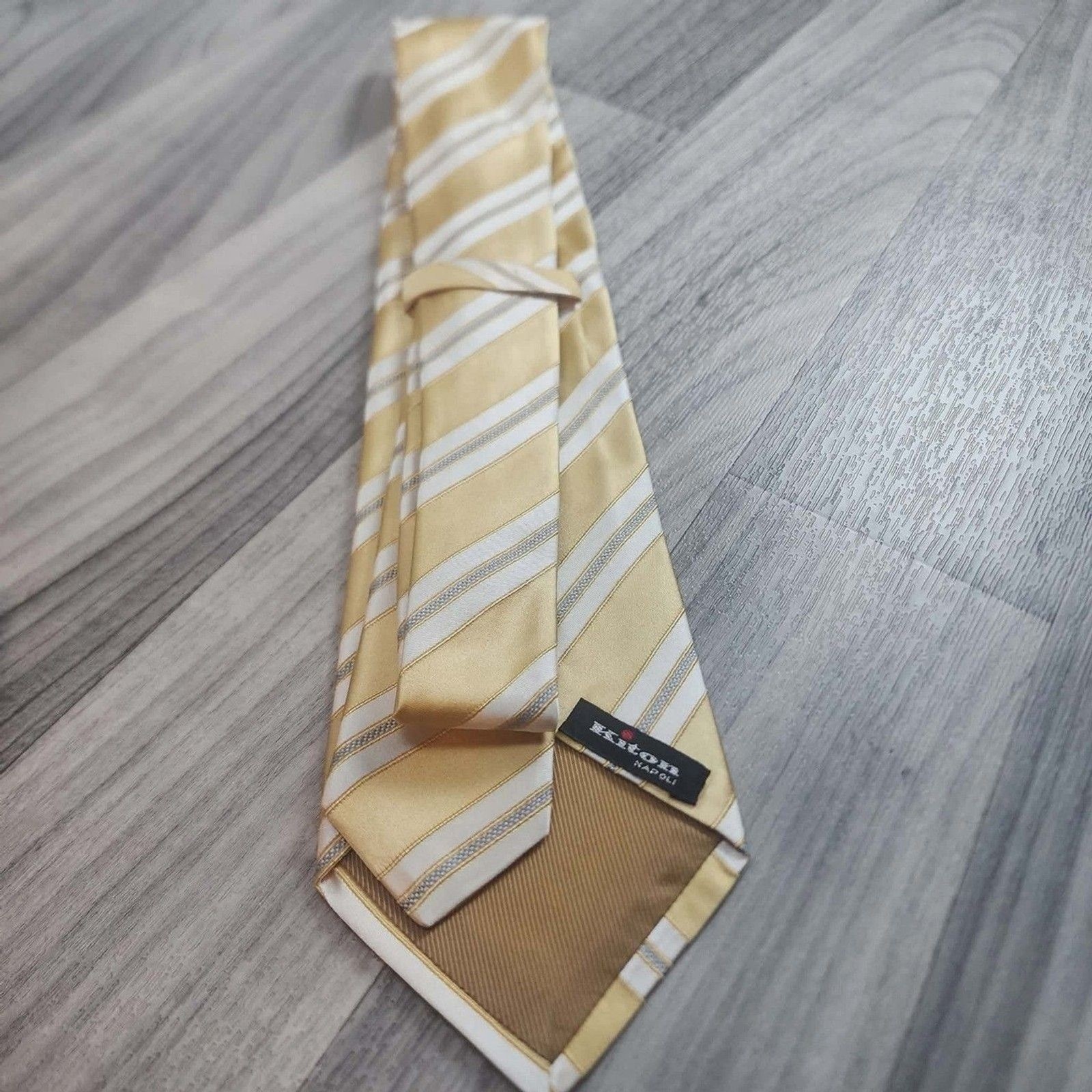 Kiton Napoli Men Gold White Blue Striped 100% Silk Necktie Made in Italy
