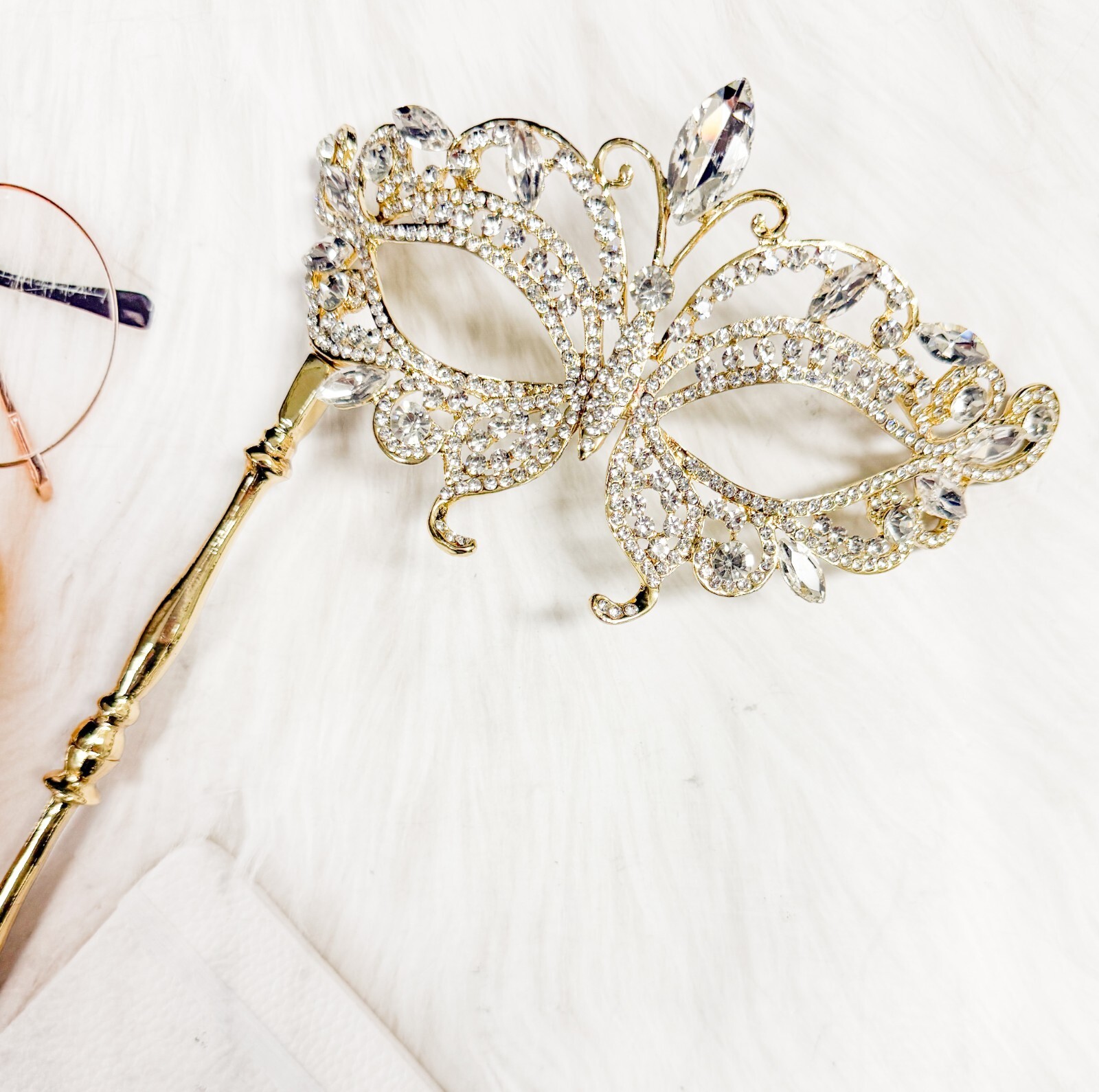 Crystal Mask with Stick, Prom Mask, Masquerade Ball Mask, Met Gala Gold Mask
