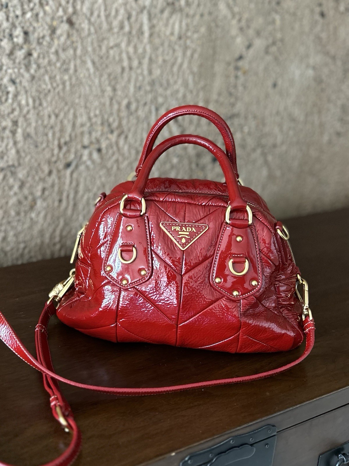 Prada Red Patent Quilted Satchel Top Handle Detachable Strap Gold Zip