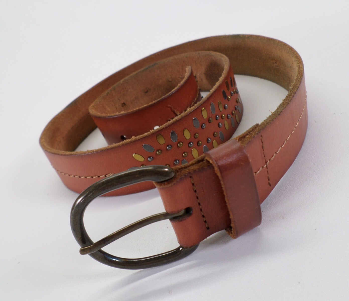 Studded Leather Belt 30 32 34 Brown