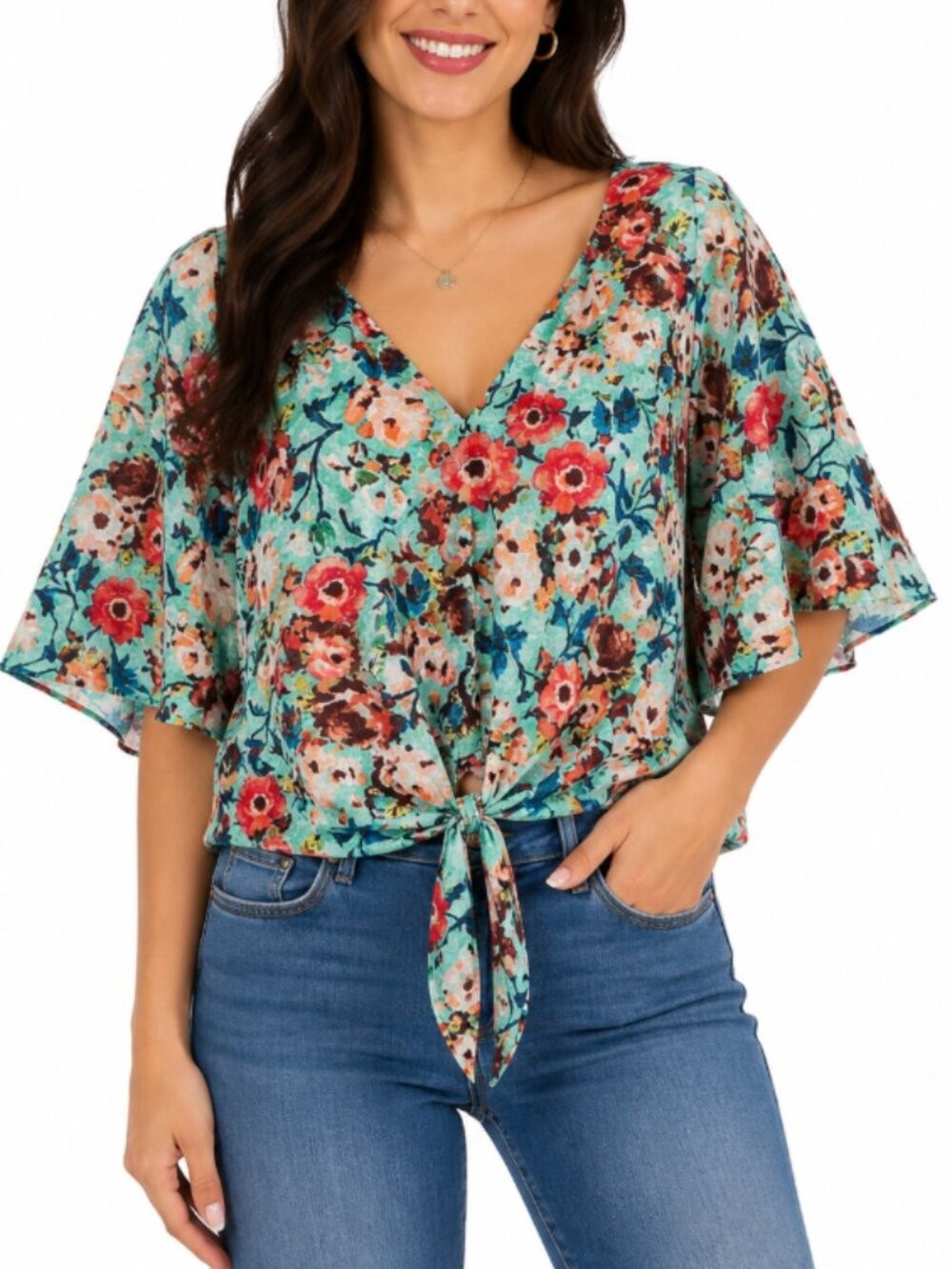 Ariella Aqua Floral Tie-Front Blouse Size Med Floral Butterfly Sleeve Feminine