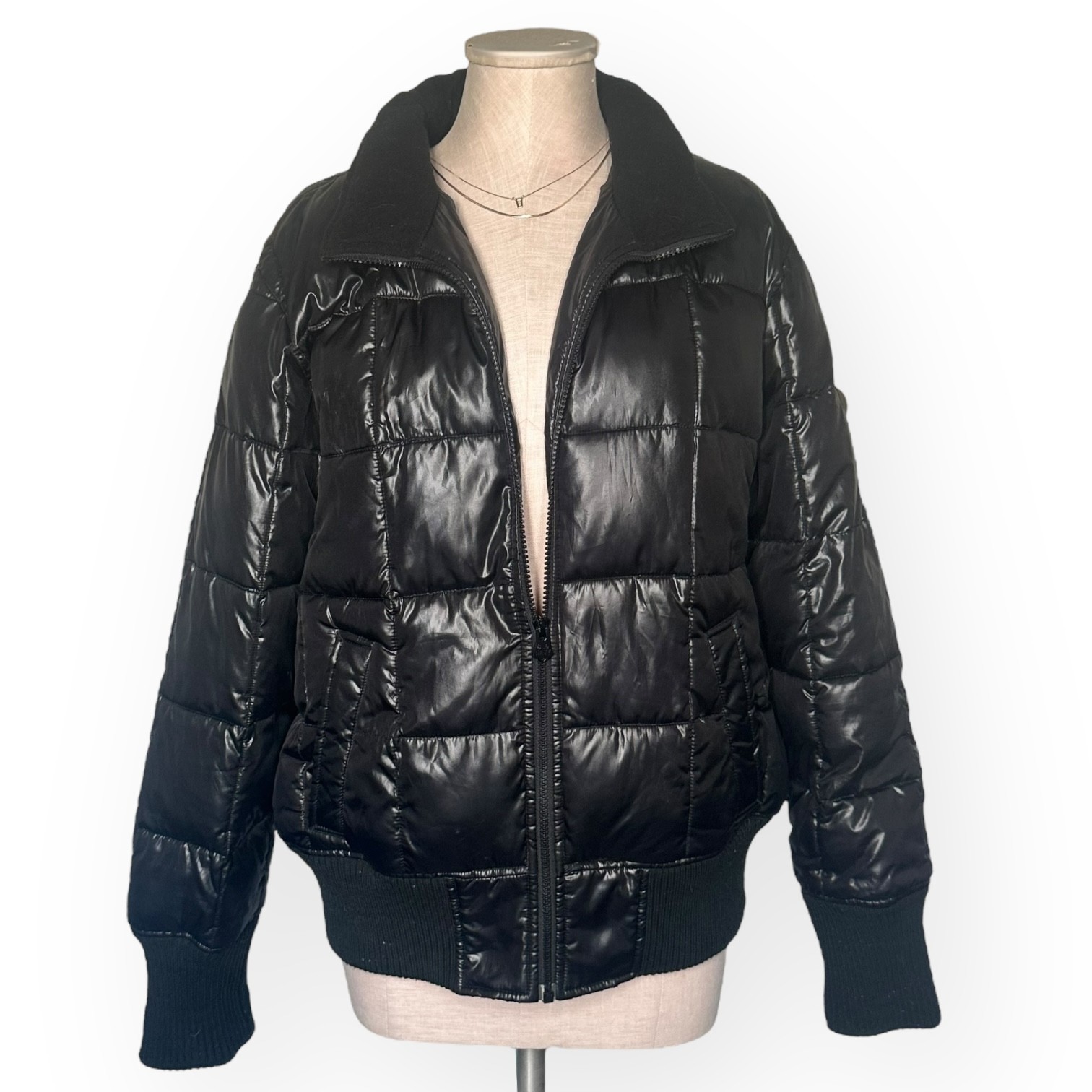 ’94 Vintage OLD NAVY Quilted Puffer Jacket Gloss Removable Hood Coat Black XL