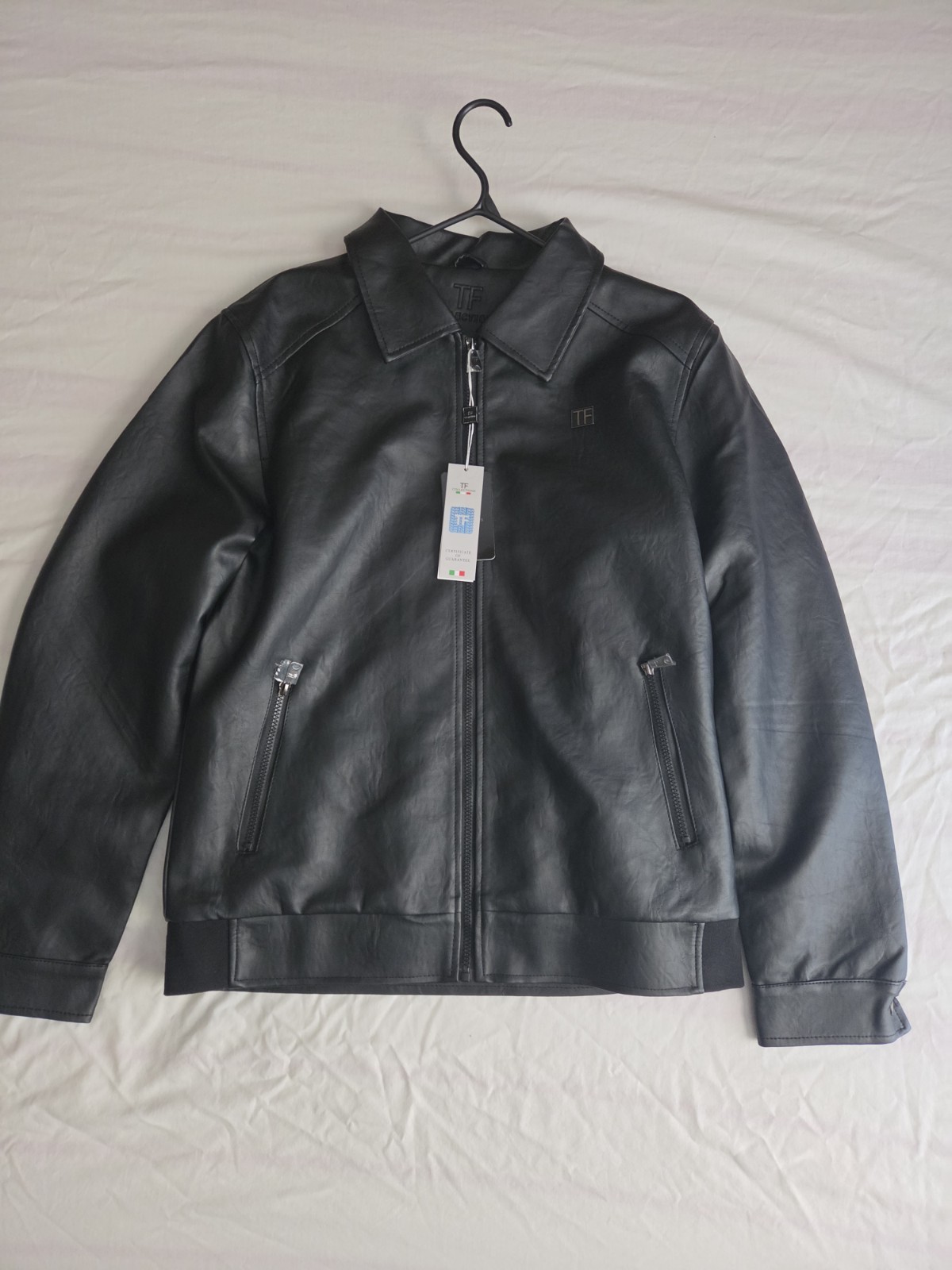 TF Men’s Black Leather Full Zip Biker Jacket L 42 Chest Point Collar